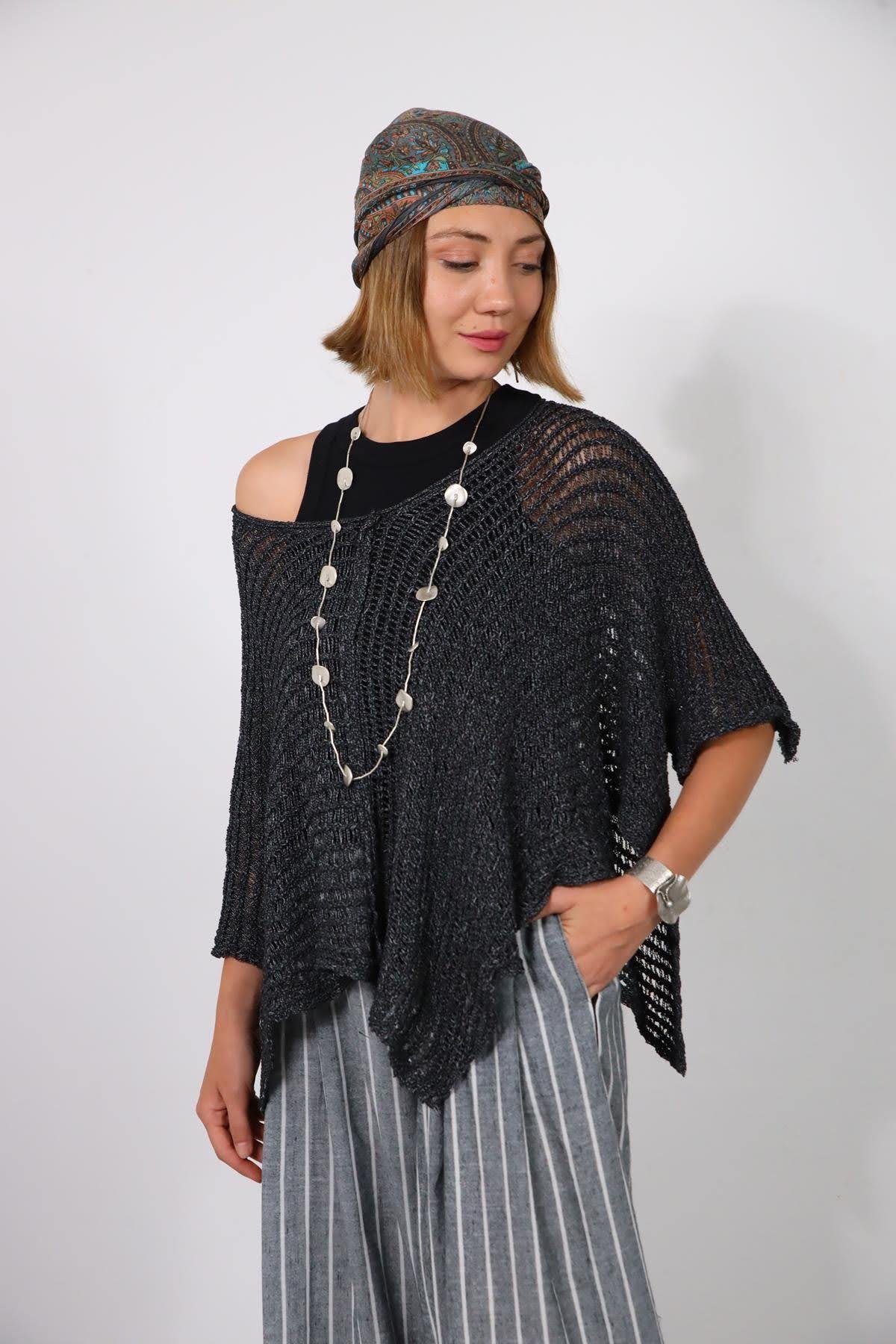 Antrasit Yarasa Kol Önü Dikişli Asimetrik Triko Bluz - Şaman Butik Antrasit Yarasa Kol Önü Dikişli Asimetrik Triko Bluz