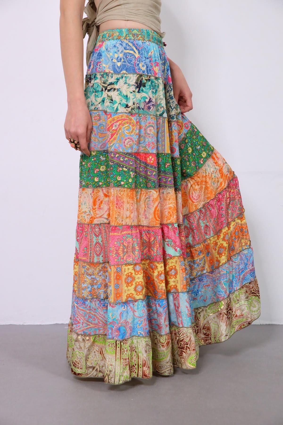  Renkli Patchwork Otantik İpek Etek