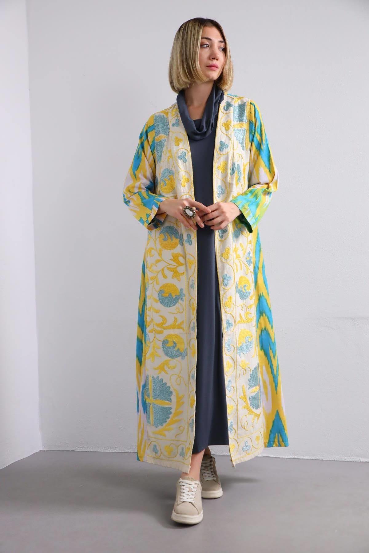 Sarı Etnik İşlemeli Suzani Kaftan - Şaman Butik Sarı Etnik İşlemeli Suzani Kaftan
