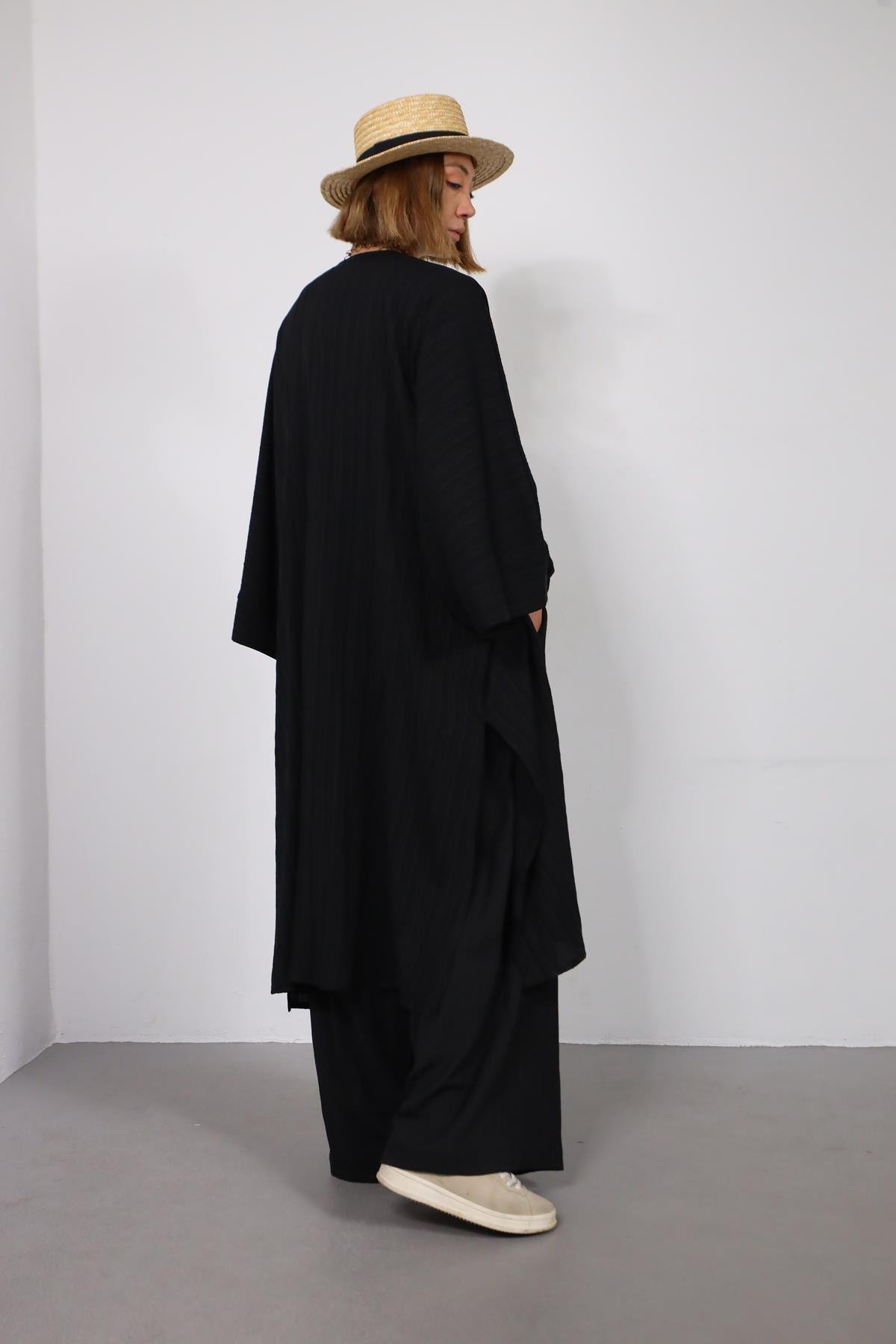  Siyah Gofre Uzun Kimono Takım