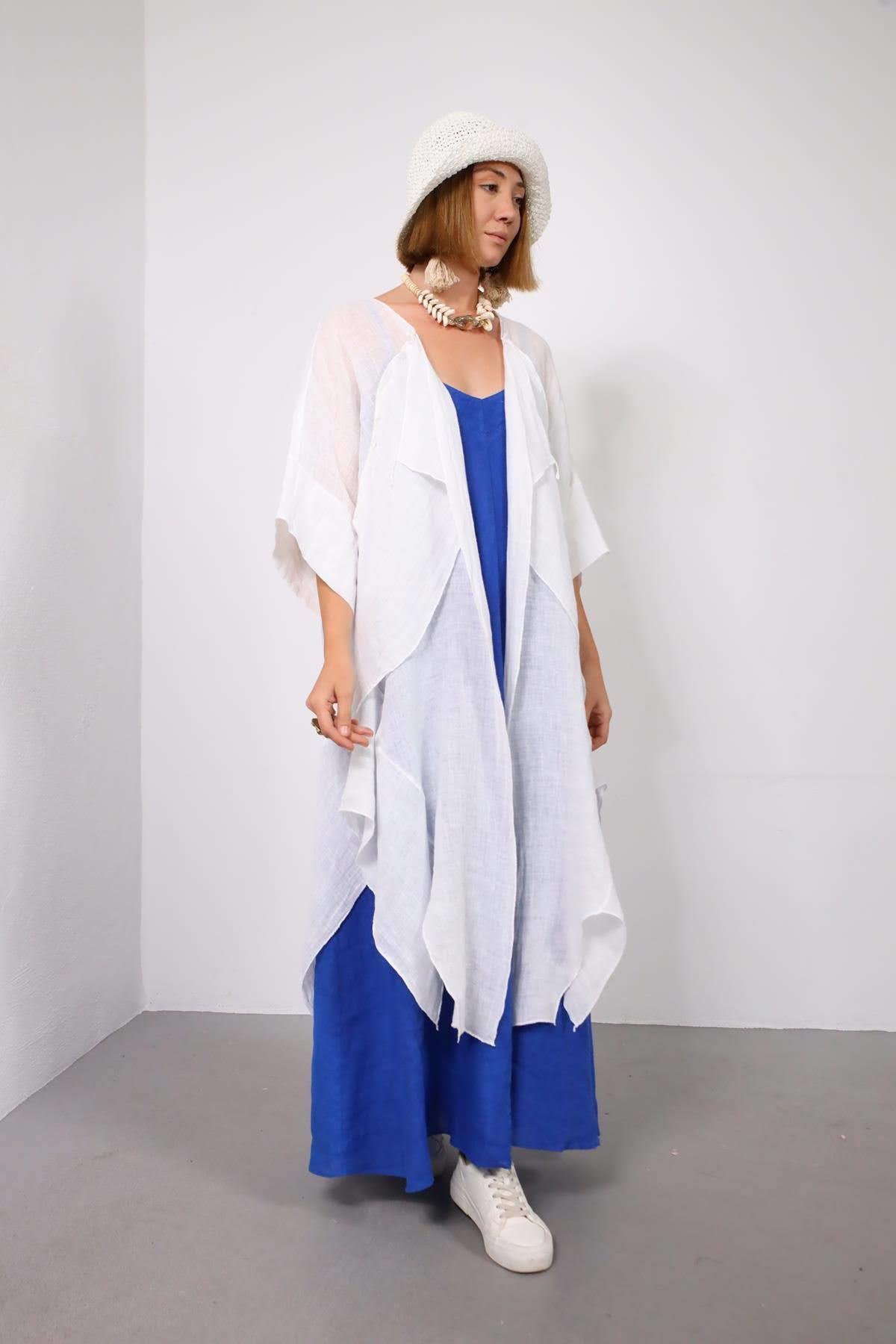 Beyaz Parça Detaylı Keten Kaftan - Şaman Butik Beyaz Parça Detaylı Keten Kaftan