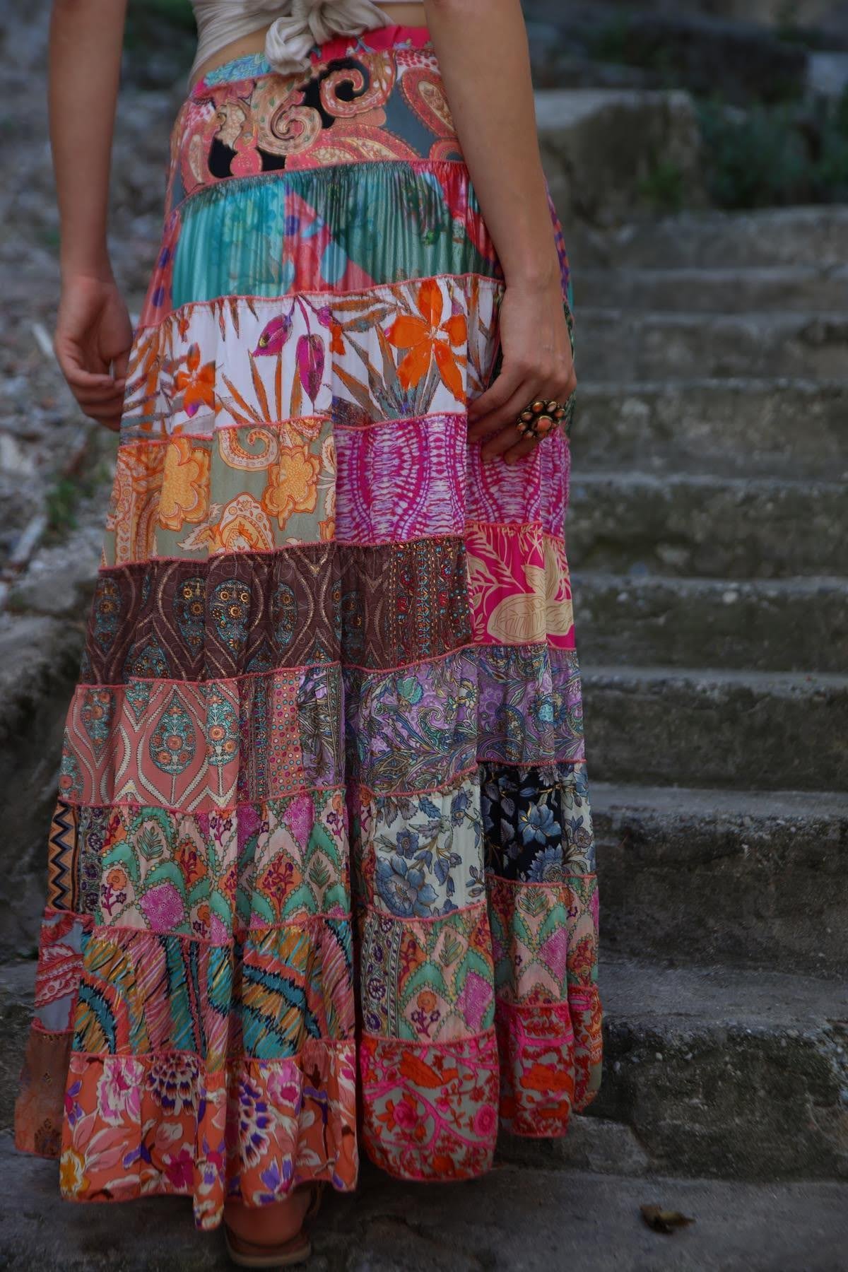  Renkli Patchwork Otantik İpek Etek