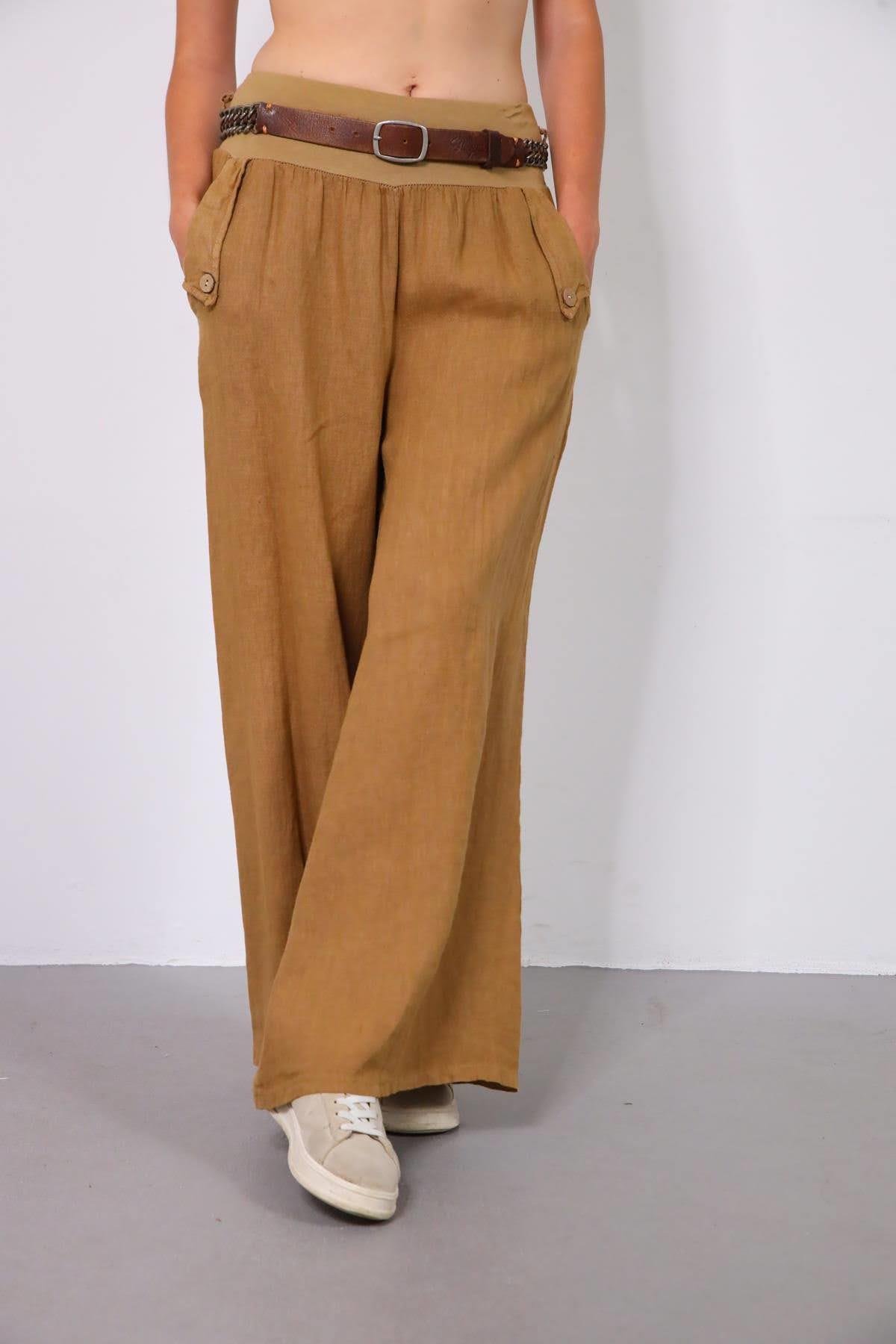 Camel Rengi Cebi Tek Düğmeli Salaş Keten Pantolon - Şaman Butik Camel Rengi Cebi Tek Düğmeli Salaş Keten Pantolon