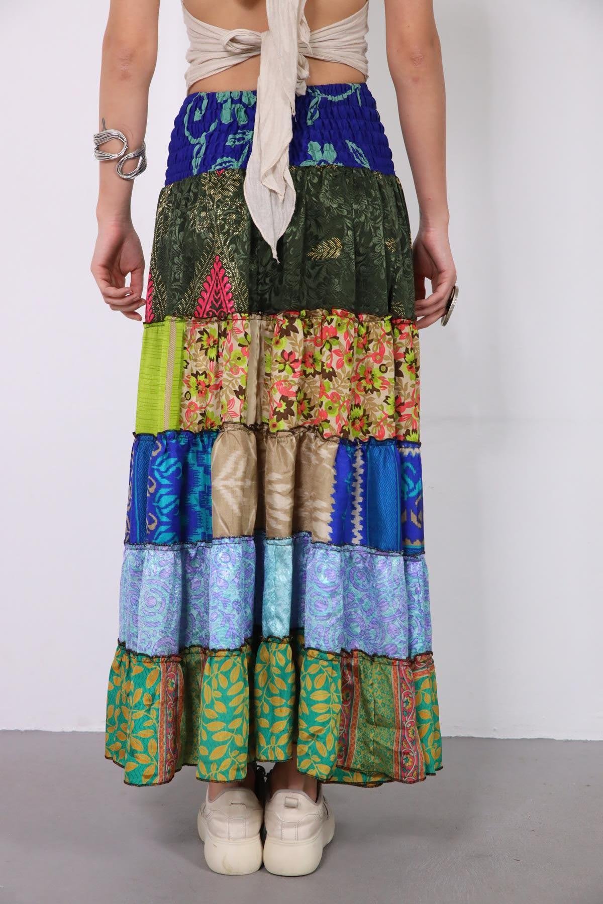  Renkli Beli Lastikli Otantik Desenli Patchwork Etek
