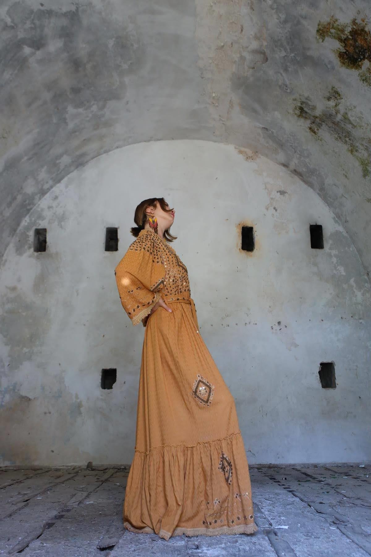 Camel Self-Patterned Embroidered Authentic Dress - Saman Butik | Shop Online Camel Self-Patterned Embroidered Authentic Dress