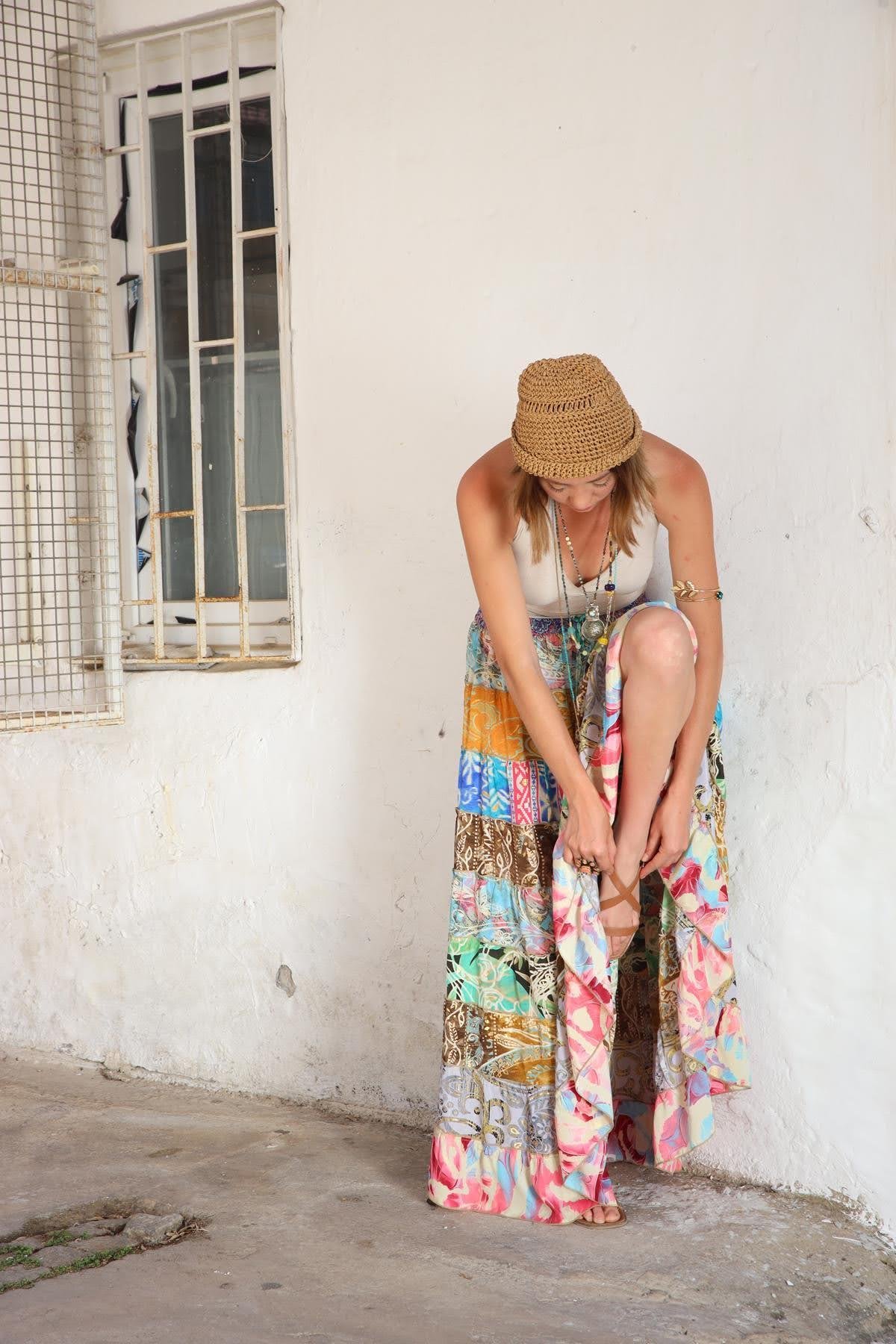 Renkli Patchwork Otantik İpek Etek - Şaman Butik Renkli Patchwork Otantik İpek Etek