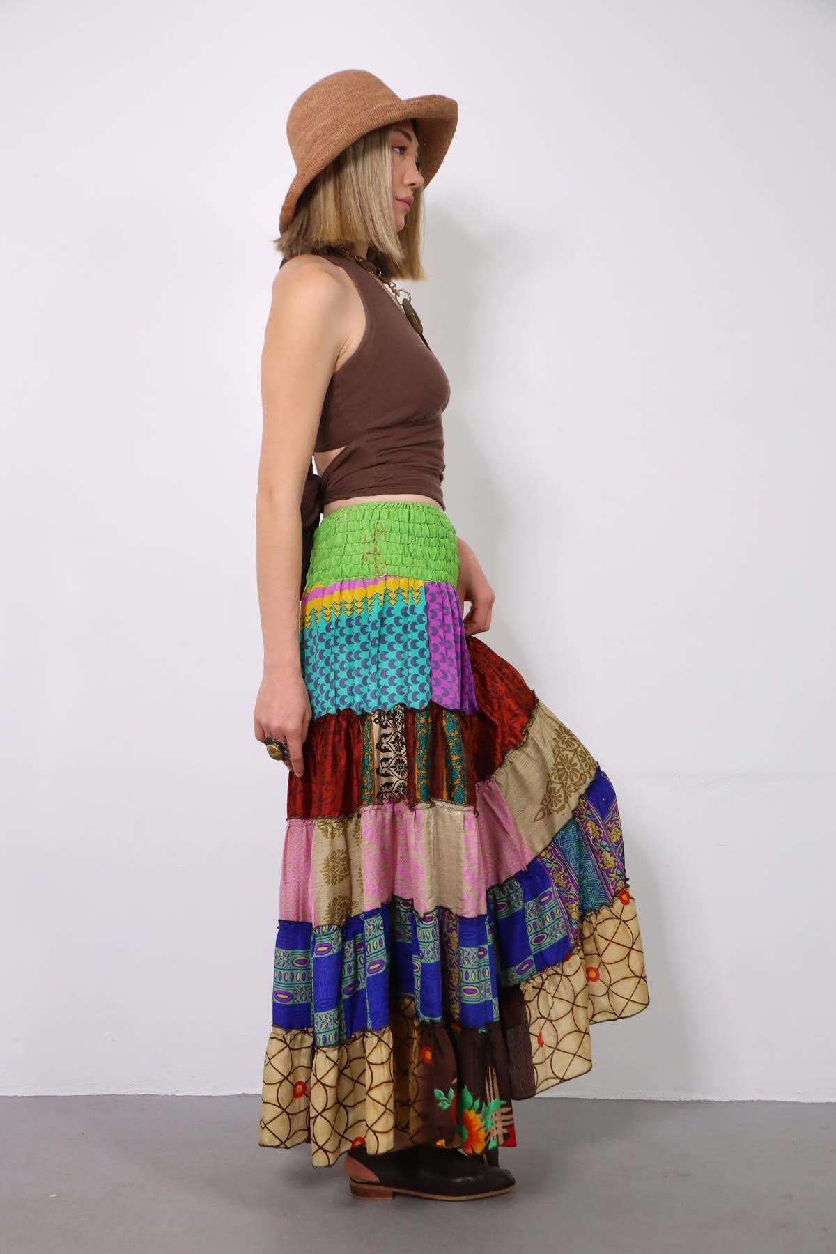 Renkli Beli Lastikli Otantik Desenli Patchwork Etek - Şaman Butik Renkli Beli Lastikli Otantik Desenli Patchwork Etek