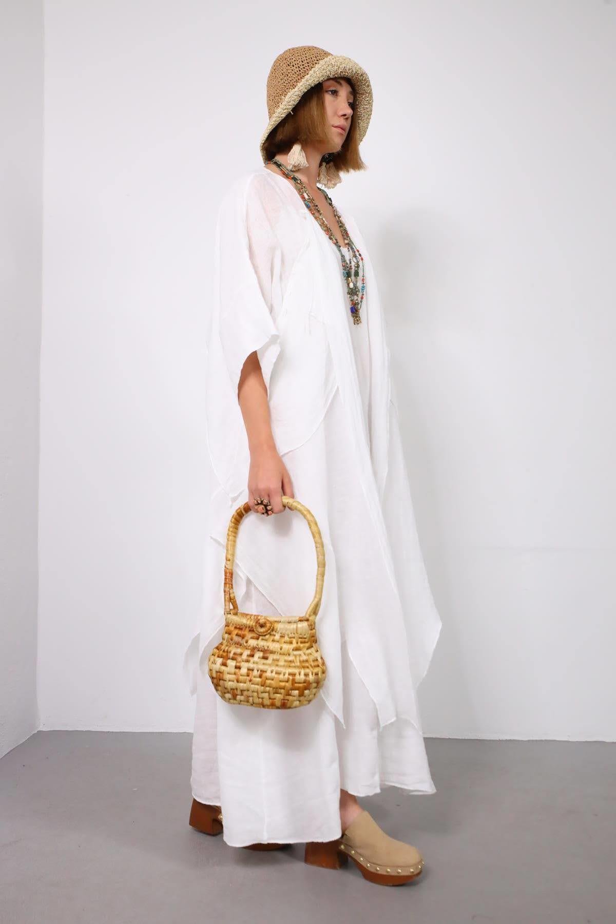 Beyaz Parça Detaylı Keten Kaftan - Şaman Butik Beyaz Parça Detaylı Keten Kaftan