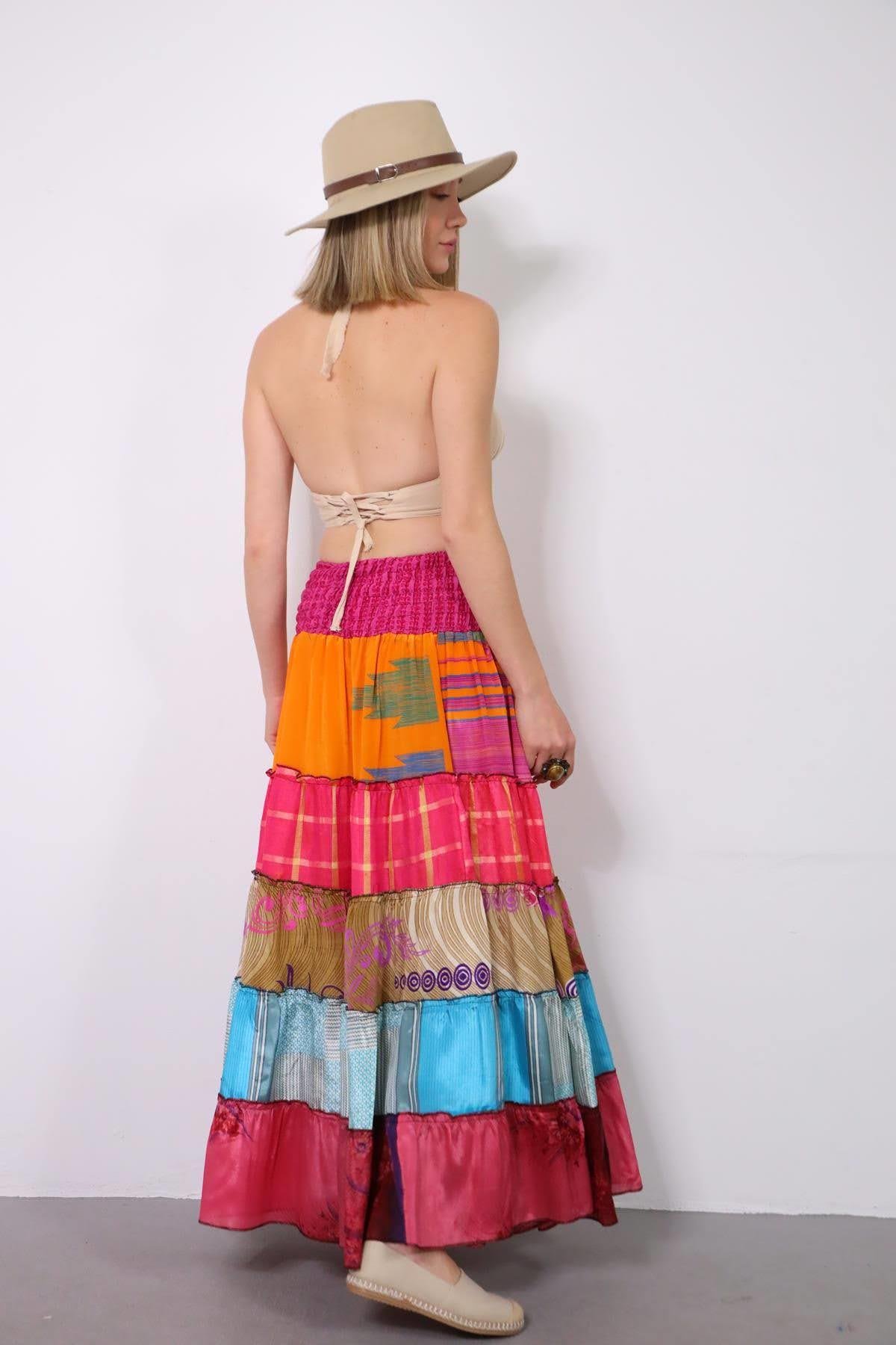  Renkli Beli Lastikli Otantik Desenli Patchwork Etek