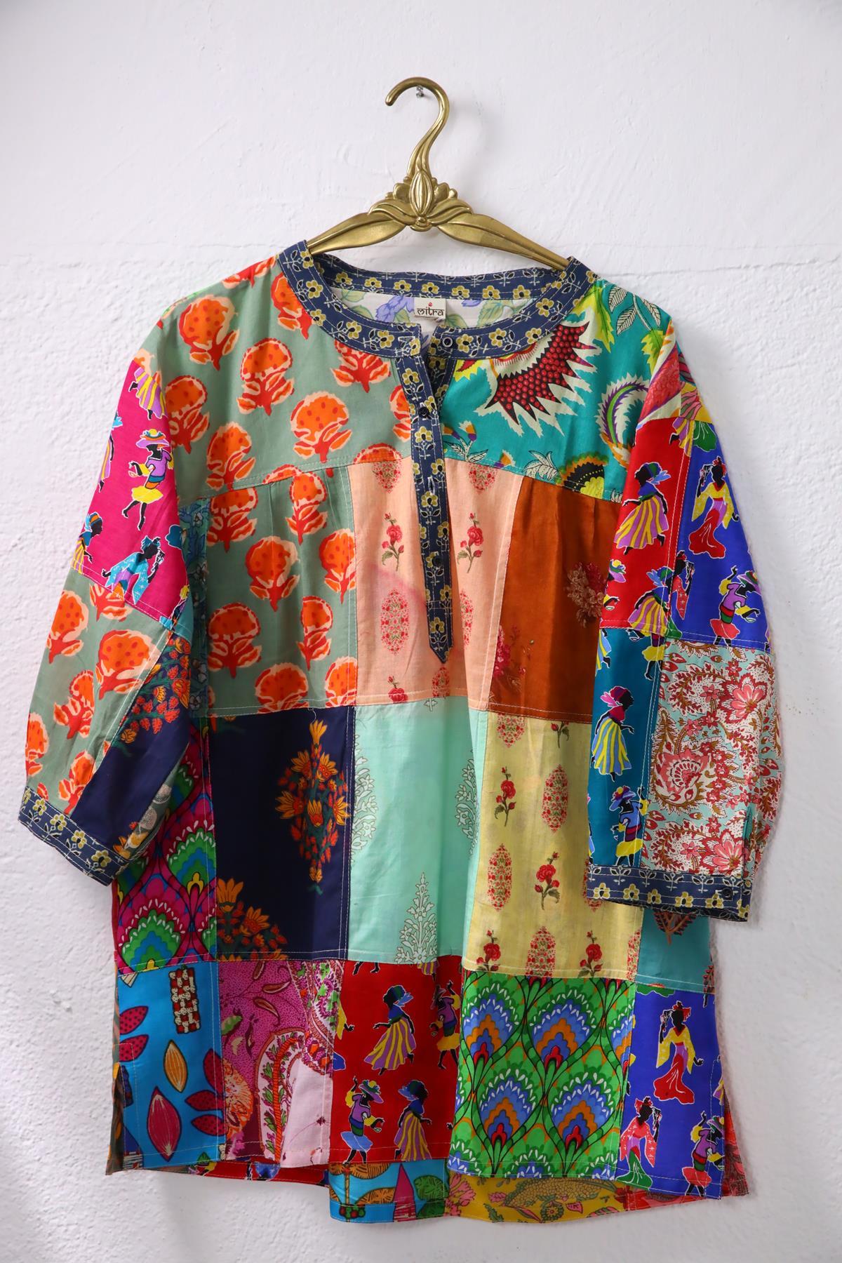  Pastel Lacivert Yakası Düğmeli Patchwork Tunik