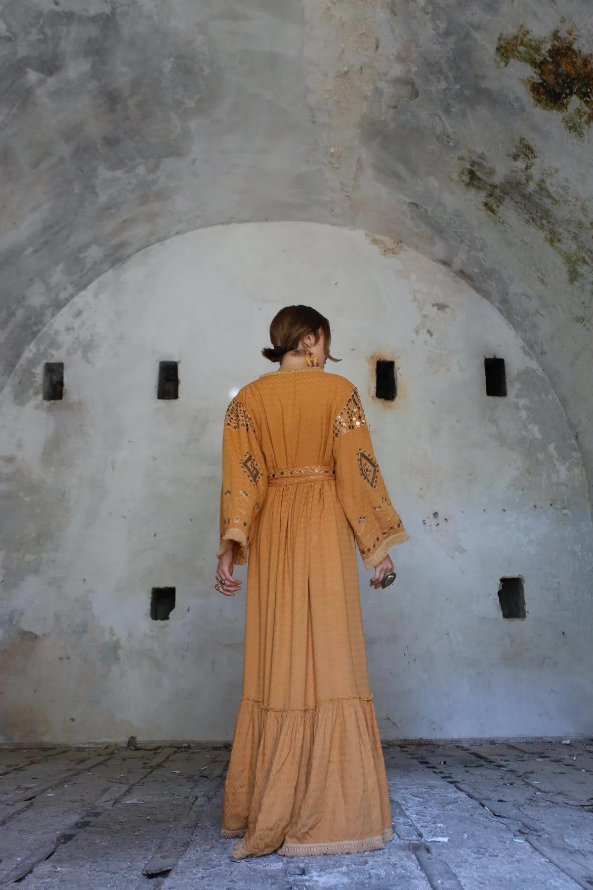 Camel Self-Patterned Embroidered Authentic Dress - Saman Butik | Shop Online Camel Self-Patterned Embroidered Authentic Dress