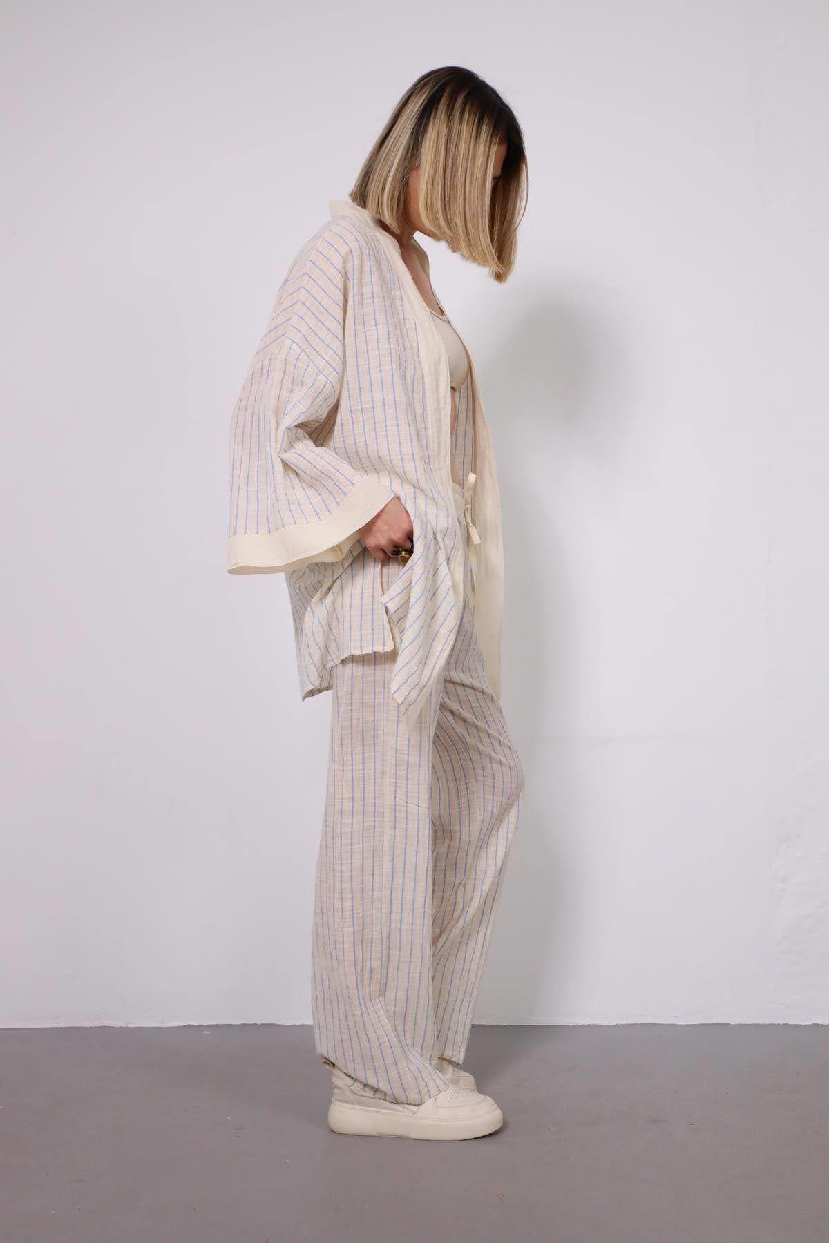 Mavi Çizgili Kimono - Şaman Butik Mavi Çizgili Kimono