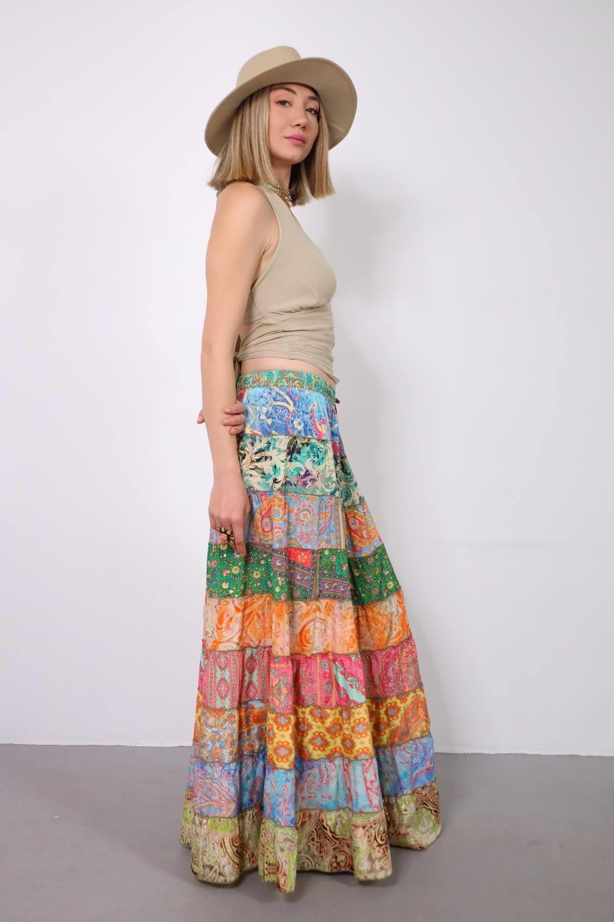  Renkli Patchwork Otantik İpek Etek