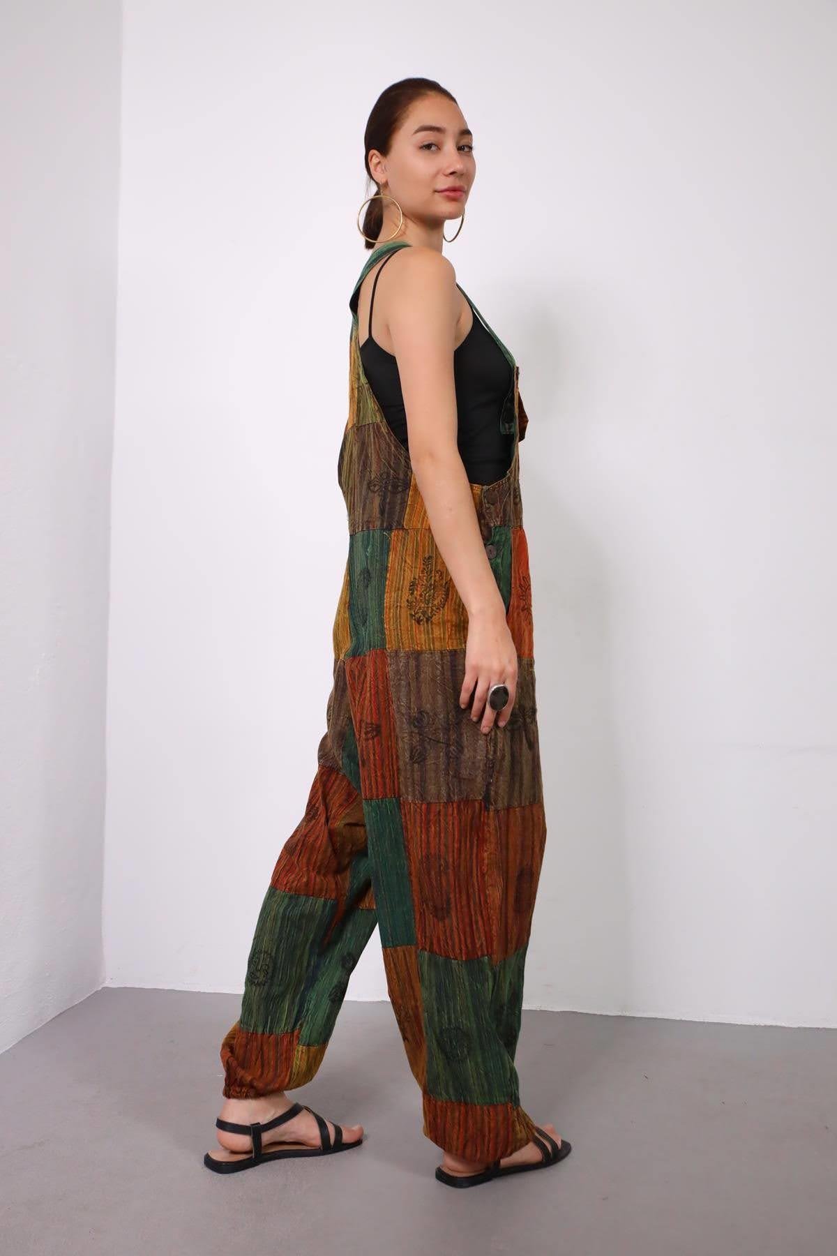 Renkli Yıkama Patchwork Tulum - Şaman Butik Renkli Yıkama Patchwork Tulum