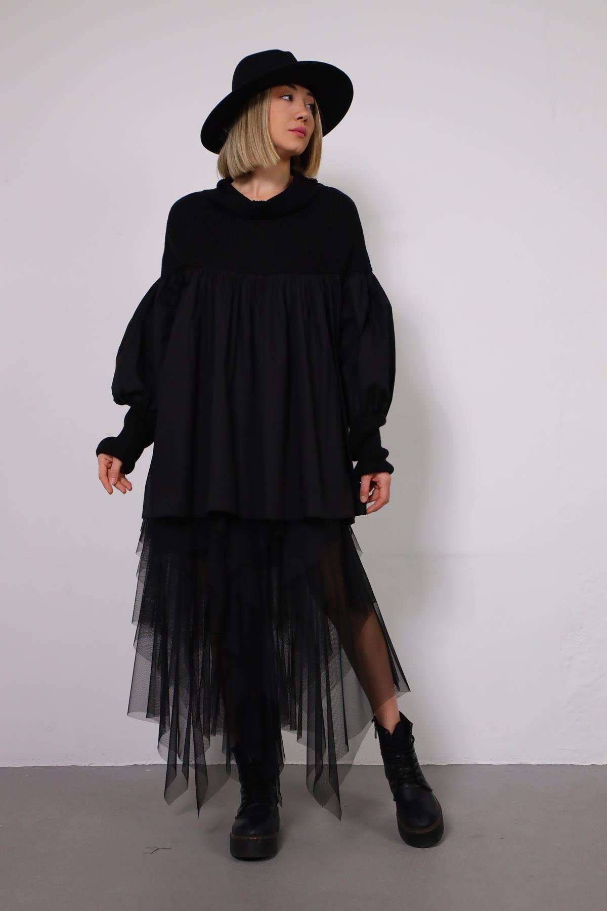 Navy Blue Floral Stitched Waist Shirt Dress - Şaman Butik Black Poplin Pleated Turtle Neck Tunic
