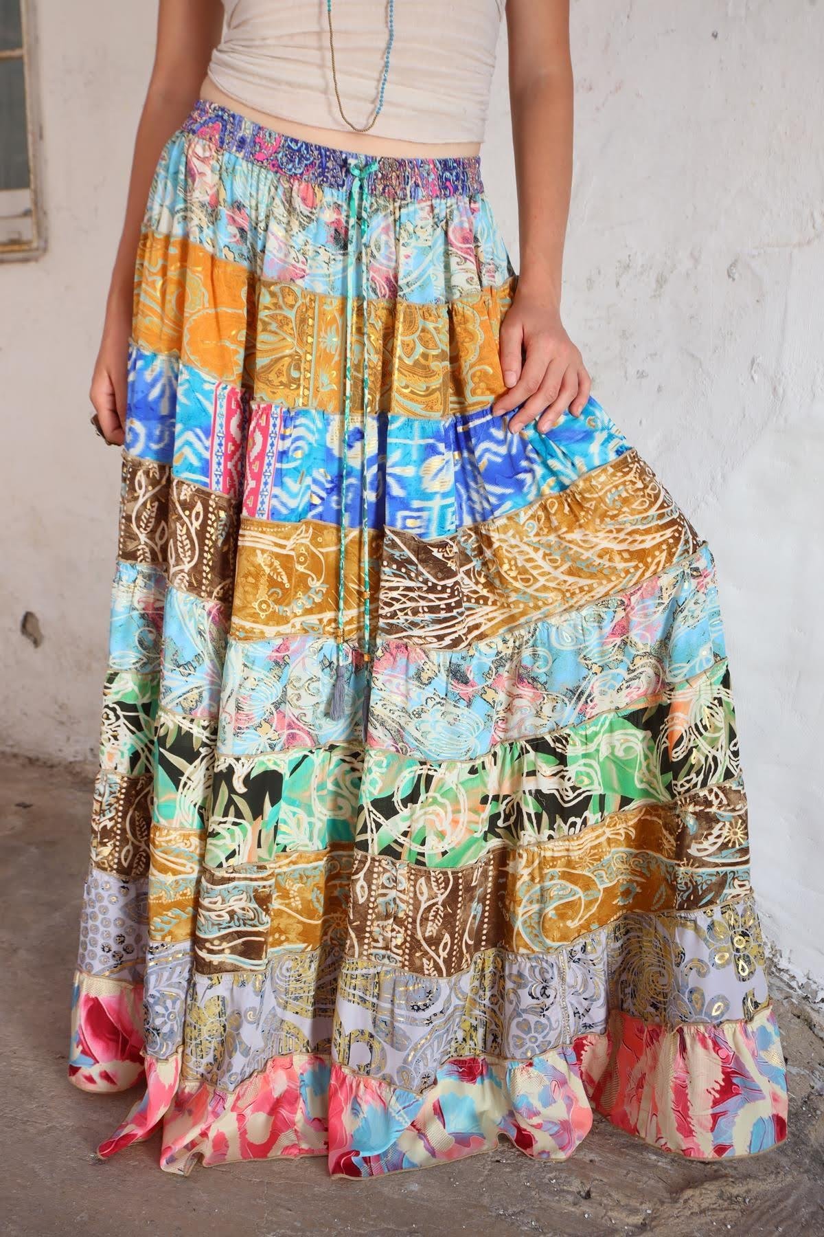 Renkli Patchwork Otantik İpek Etek - Şaman Butik Renkli Patchwork Otantik İpek Etek