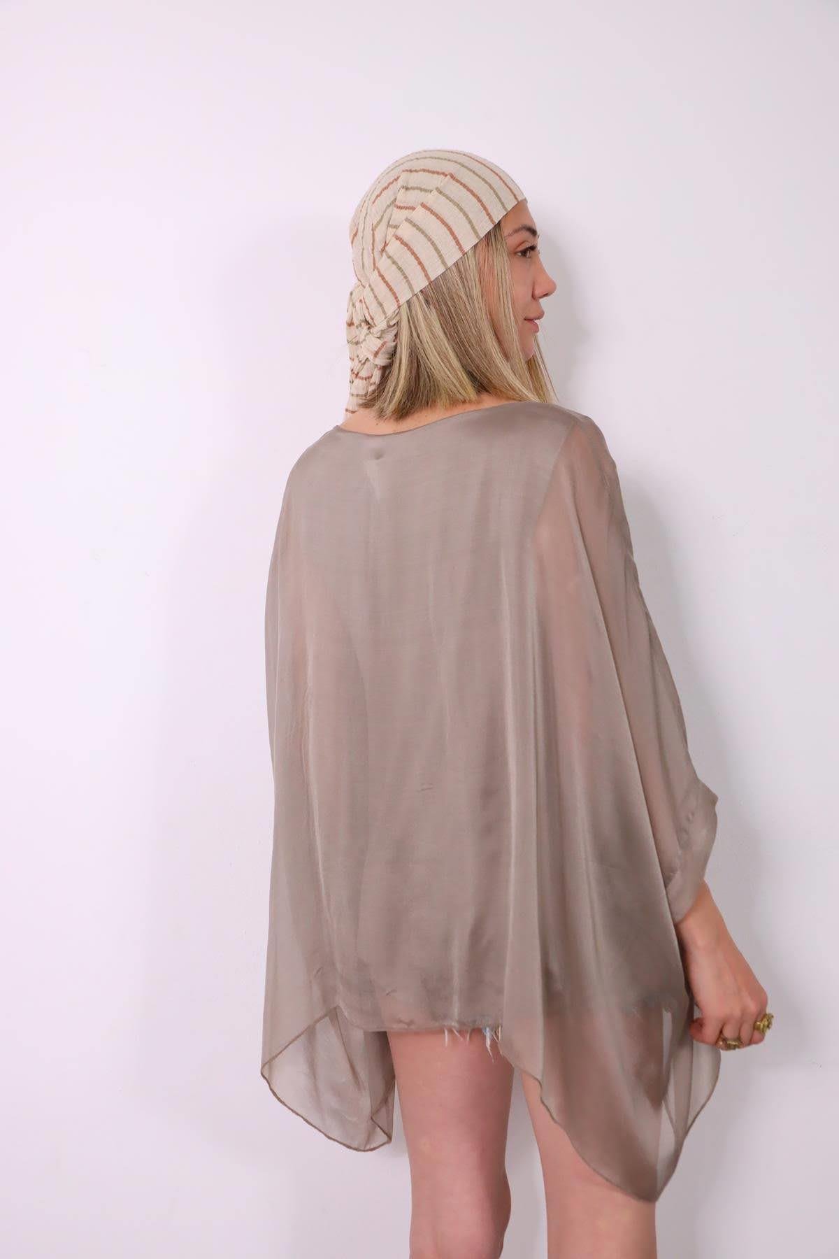 Mink Wide Sleeves Silk Blouse - Saman Butik | Shop Online Mink Wide Sleeves Silk Blouse