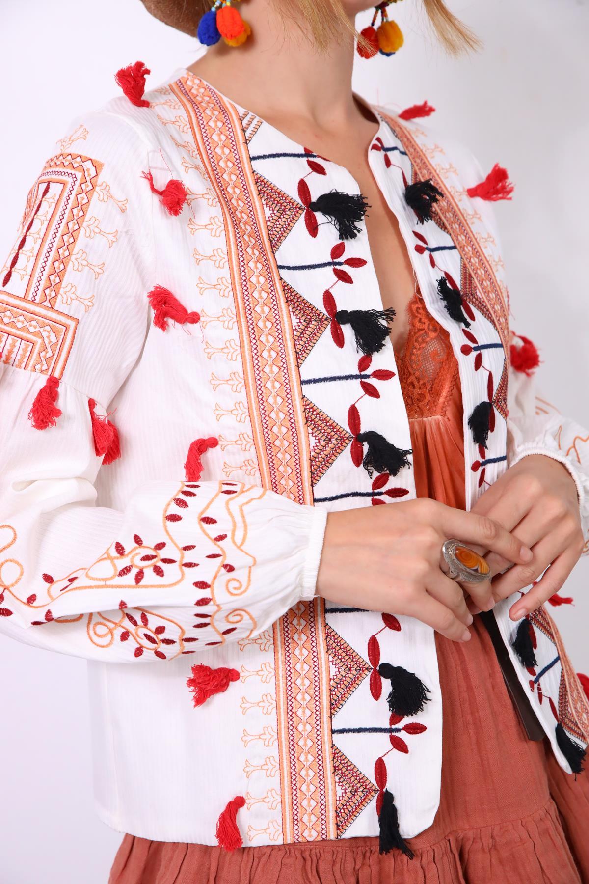 White Ethnic Embroidered Pompom Detailed Jacket - Saman Butik | Shop Online White Ethnic Embroidered Pompom Detailed Jacket