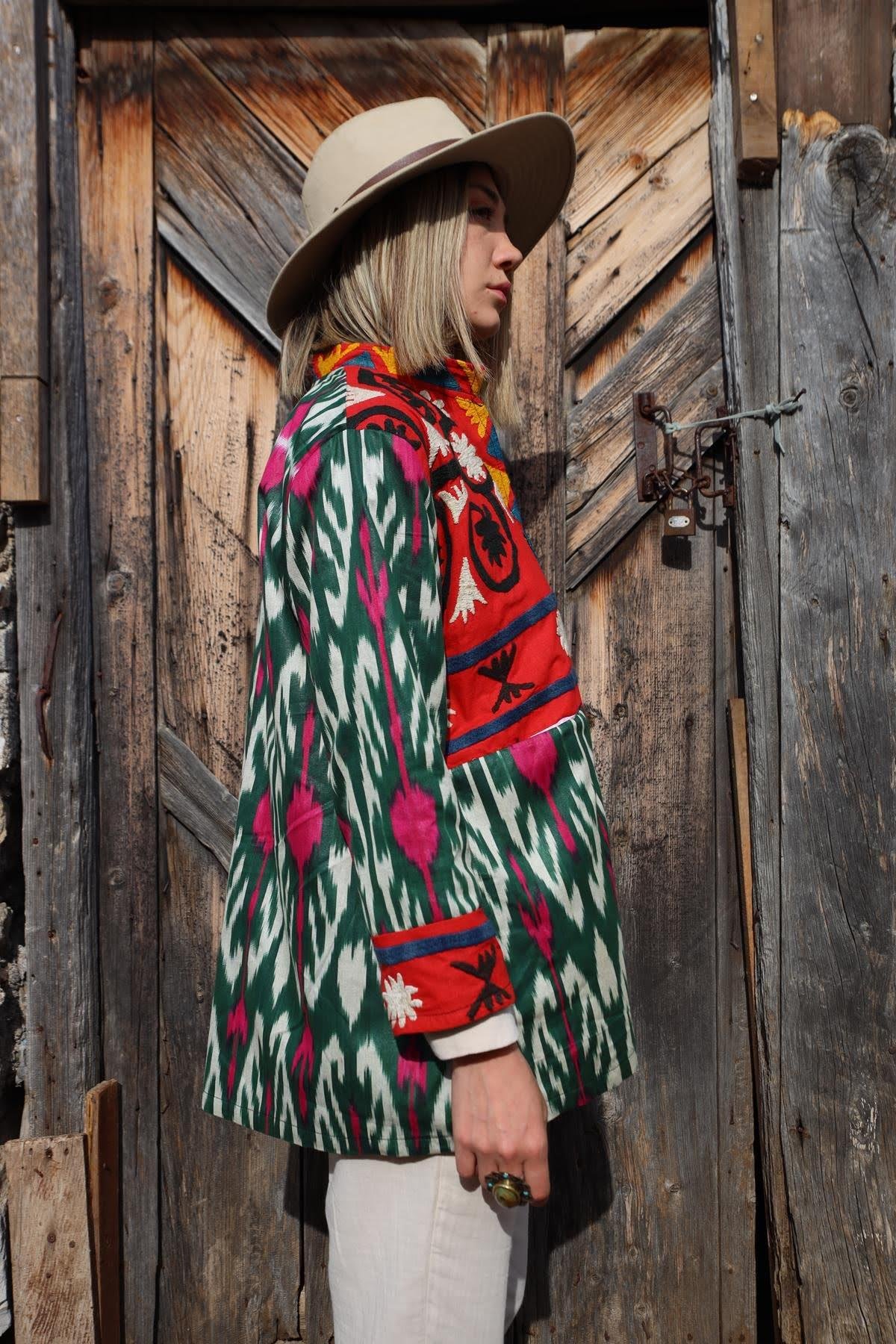 Yeşil Suzani Kısa Kaftan - Şaman Butik Yeşil Suzani Kısa Kaftan