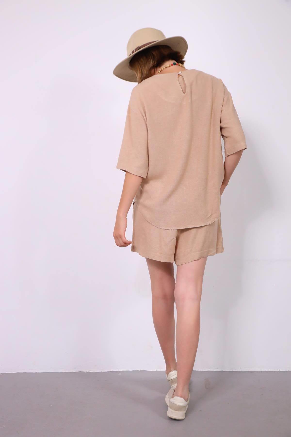  Camel Rengi Salaş Şortlu Takım