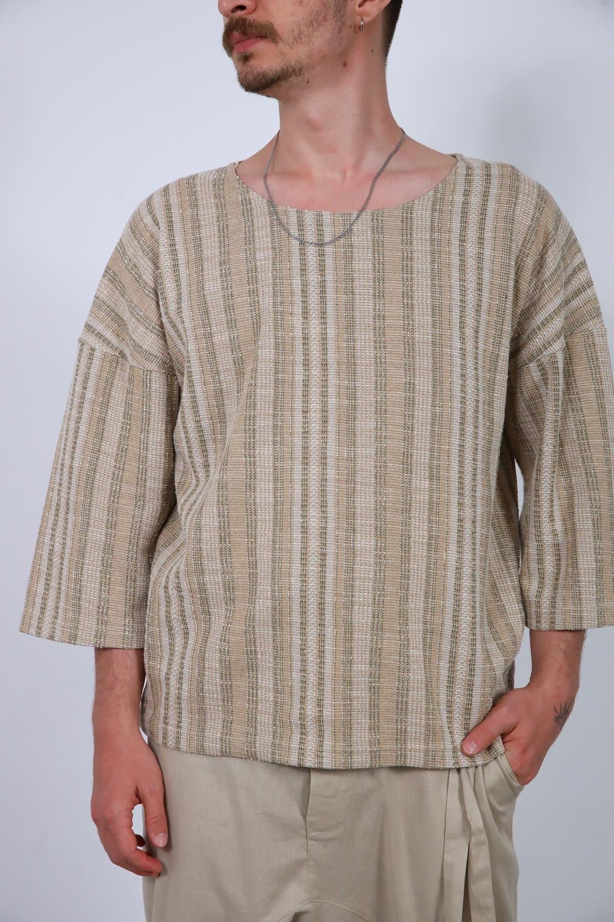  Bej Çizgili Geniş Yaka Truvakar Kol Erkek Sweatshirt