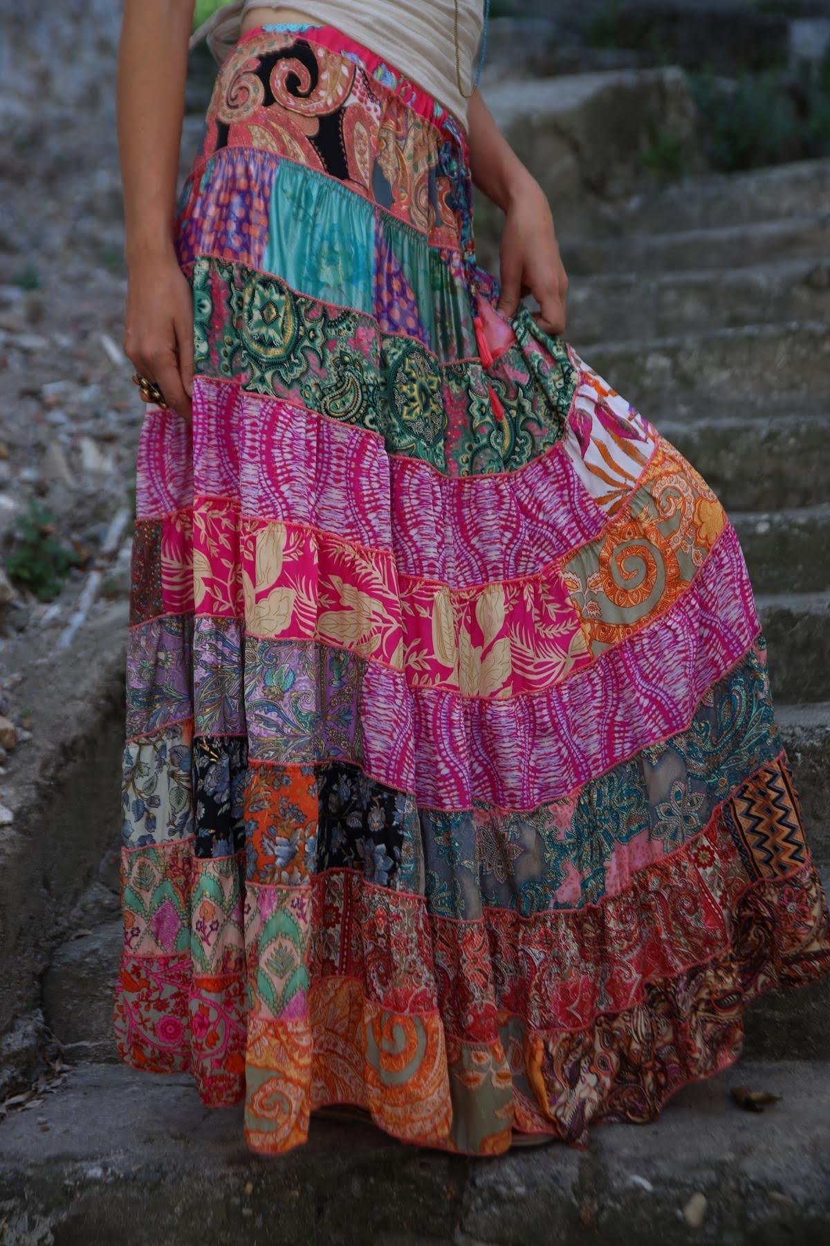  Renkli Patchwork Otantik İpek Etek