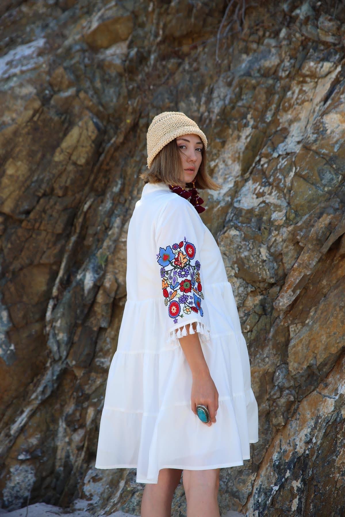 Saman Butik | Shop Online White Embroidered Dress with Pompom Tassels