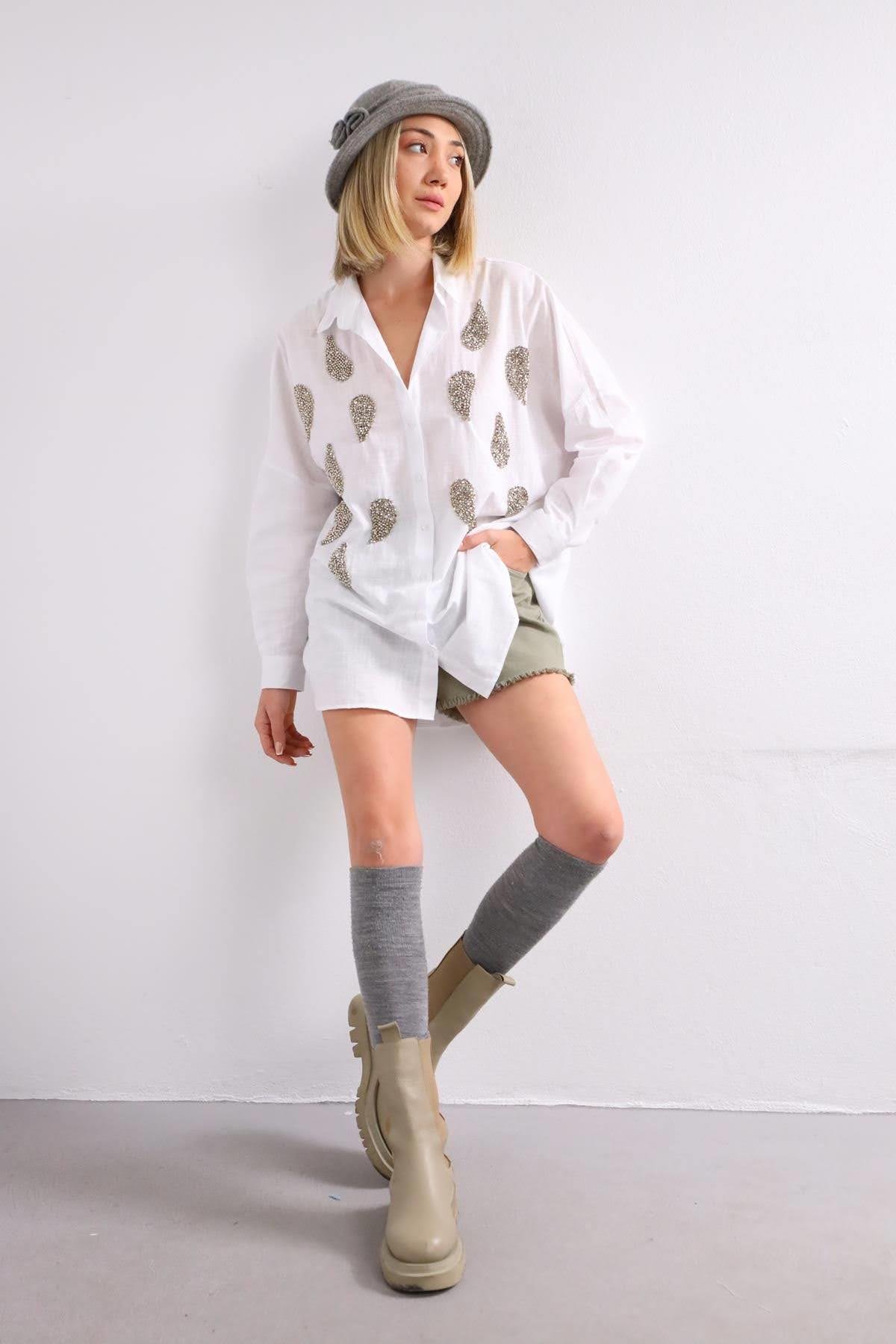 White Patterned Stone Embroidered Shirt White Patterned Stone Embroidered Shirt
