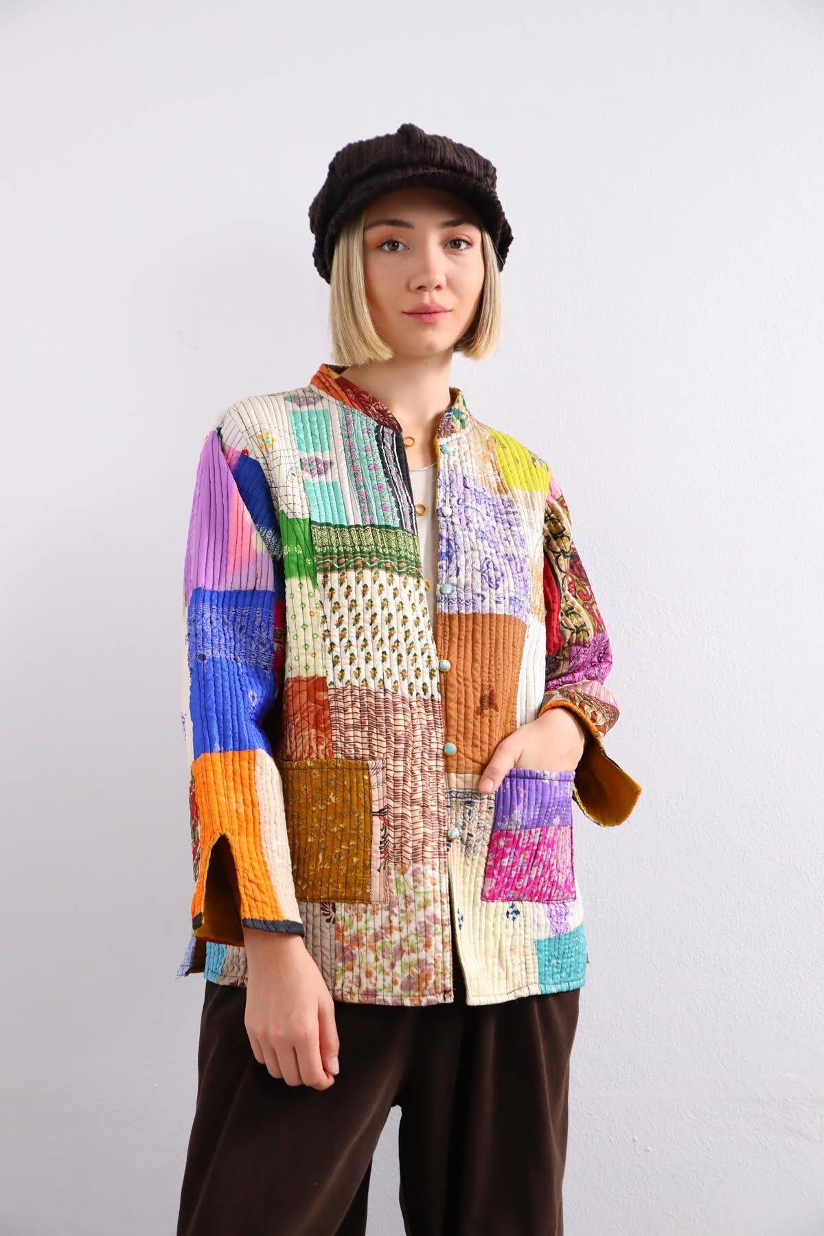  Renkli Cepli Patchwork Ceket