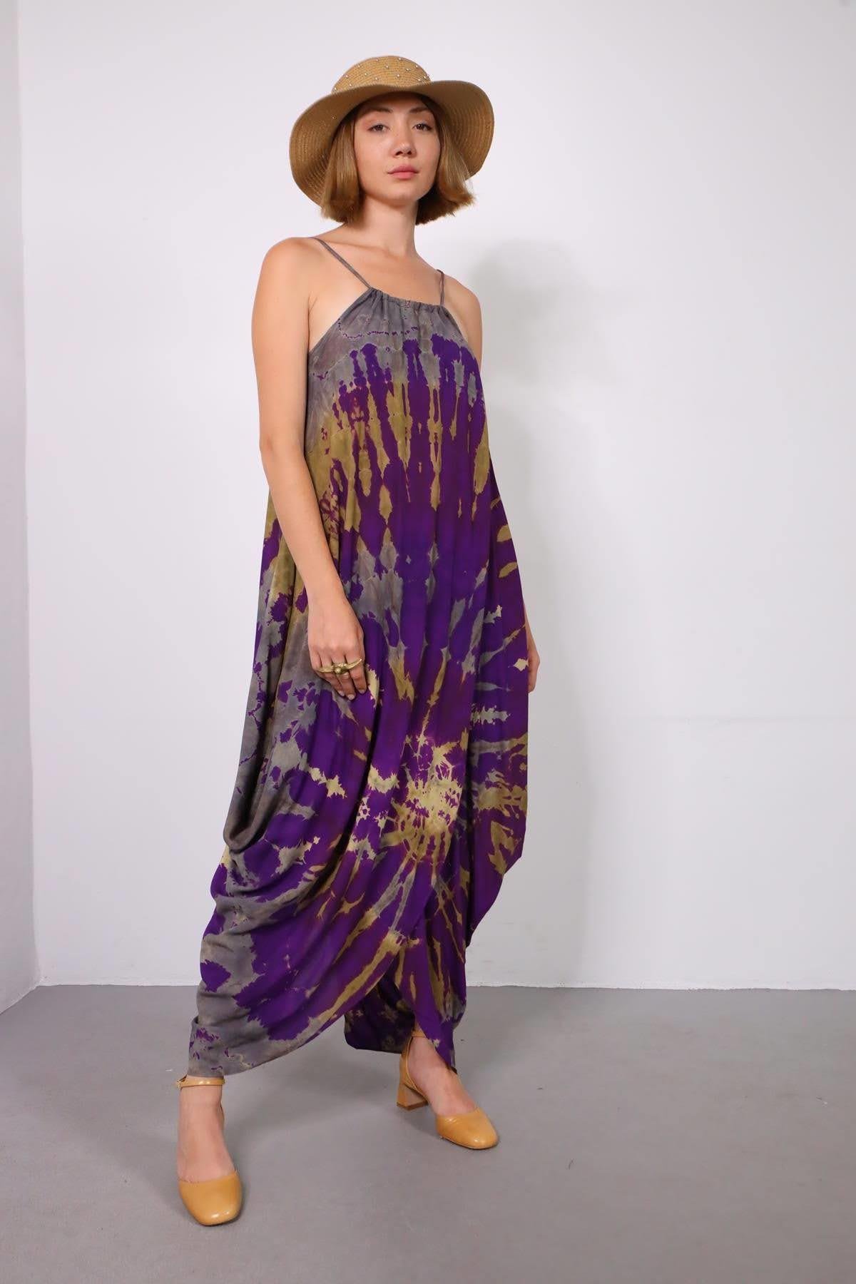 Mor Batikli Yırtmaçlı Elbise - Şaman Butik Mor Batikli Yırtmaçlı Elbise