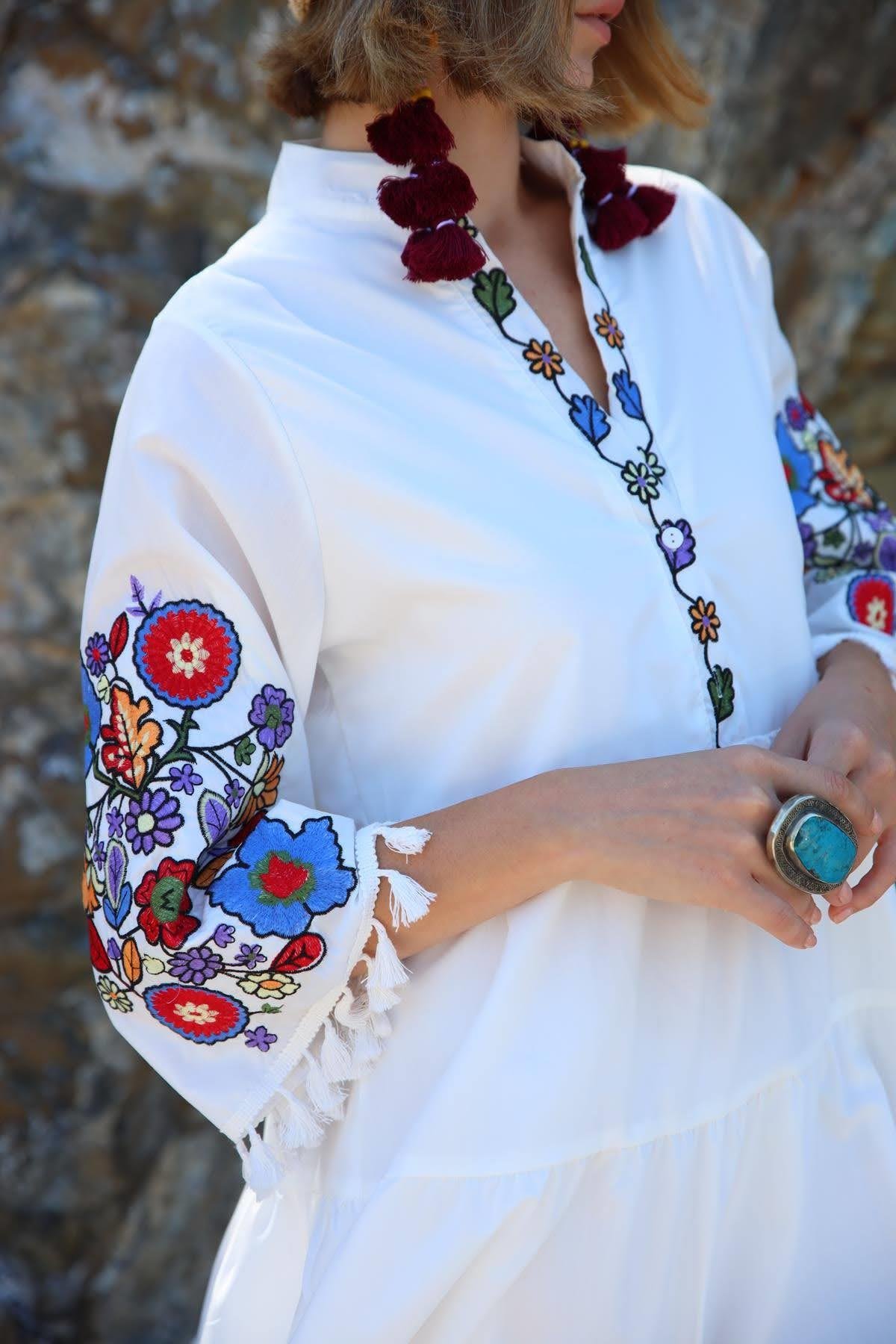 Saman Butik | Shop Online White Embroidered Dress with Pompom Tassels