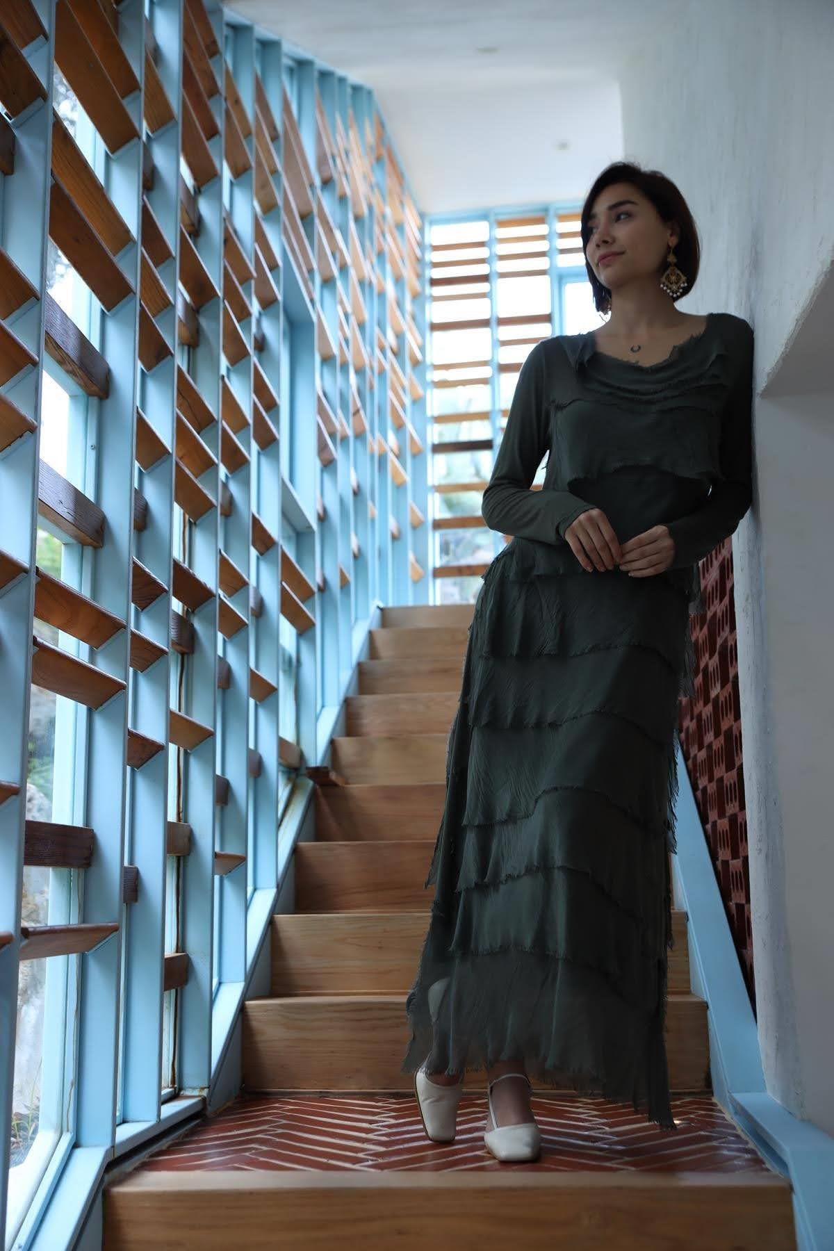  Emerald Green Silk Multi-Layered  Long Dress - Şaman Butik | Boho Fashion  Emerald Green Silk Multi-Layered  Long Dress