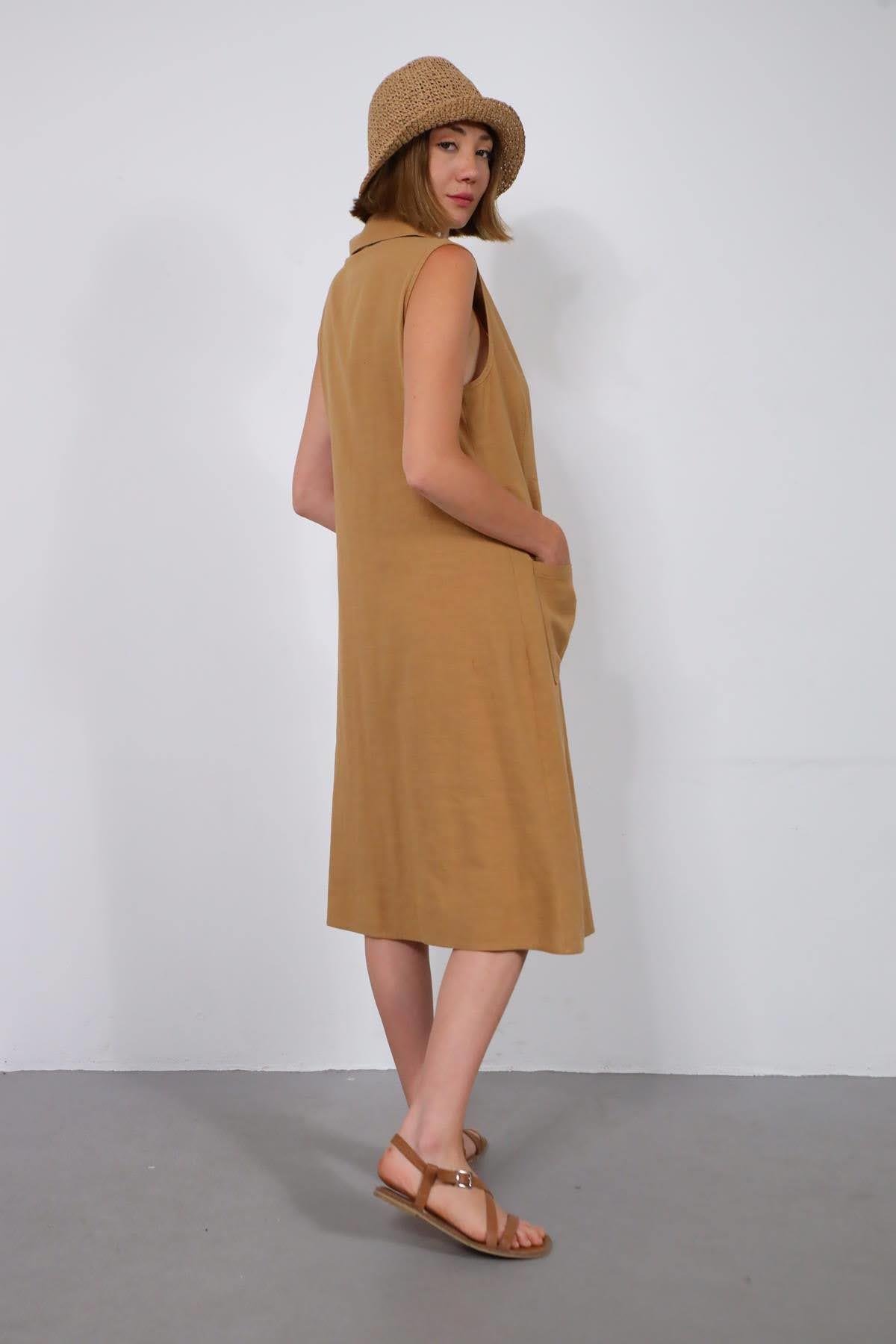 Camel Rengi V Yaka Cepli Keten Gömlek Elbise - Şaman Butik Camel Rengi V Yaka Cepli Keten Gömlek Elbise
