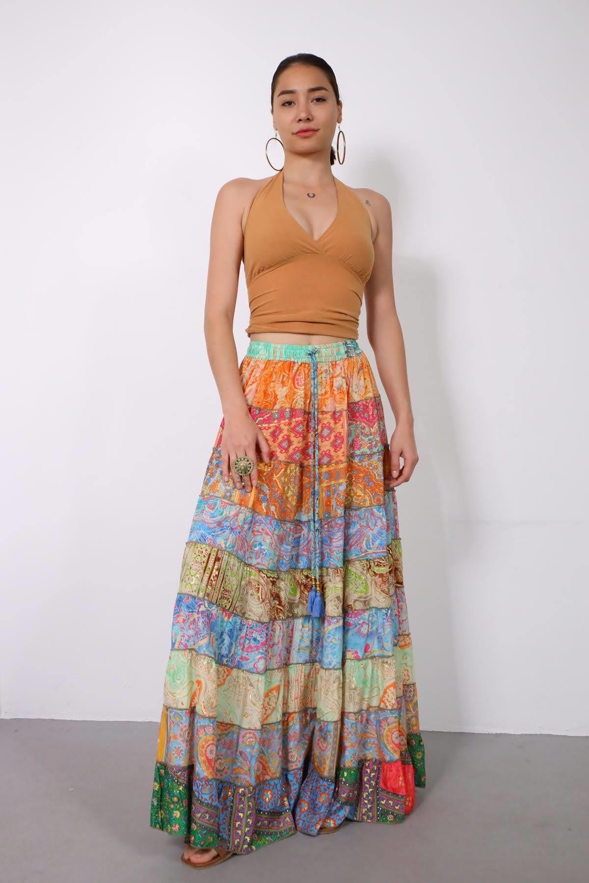  Renkli Patchwork Otantik İpek Etek