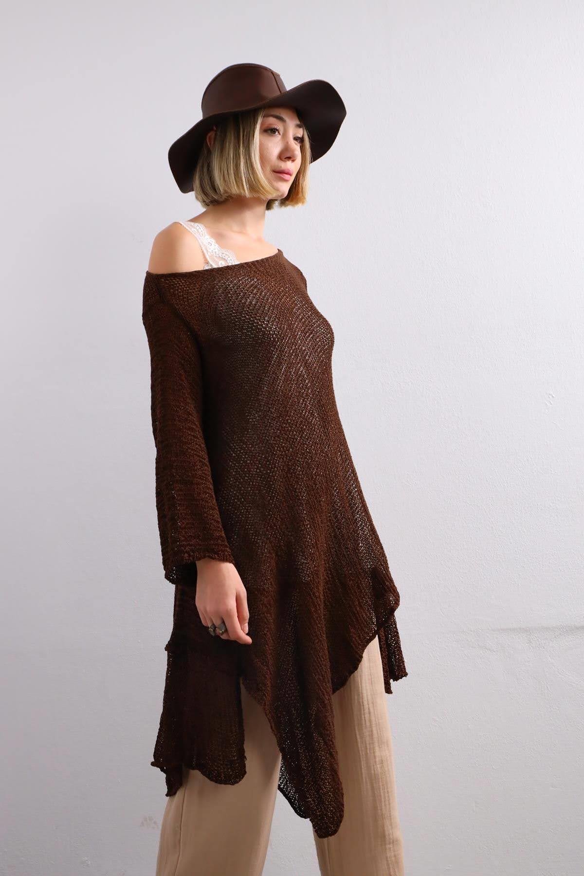 Brown Asymmetric Cut Mercerized Loose Blouse - Saman Butik | Shop Online Brown Asymmetric Cut Mercerized Loose Blouse