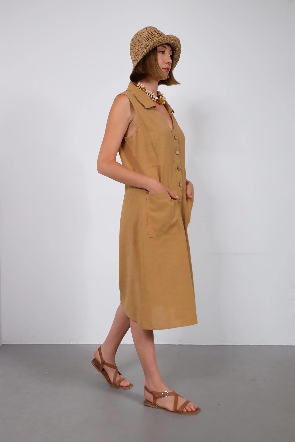 Camel Rengi V Yaka Cepli Keten Gömlek Elbise - Şaman Butik Camel Rengi V Yaka Cepli Keten Gömlek Elbise