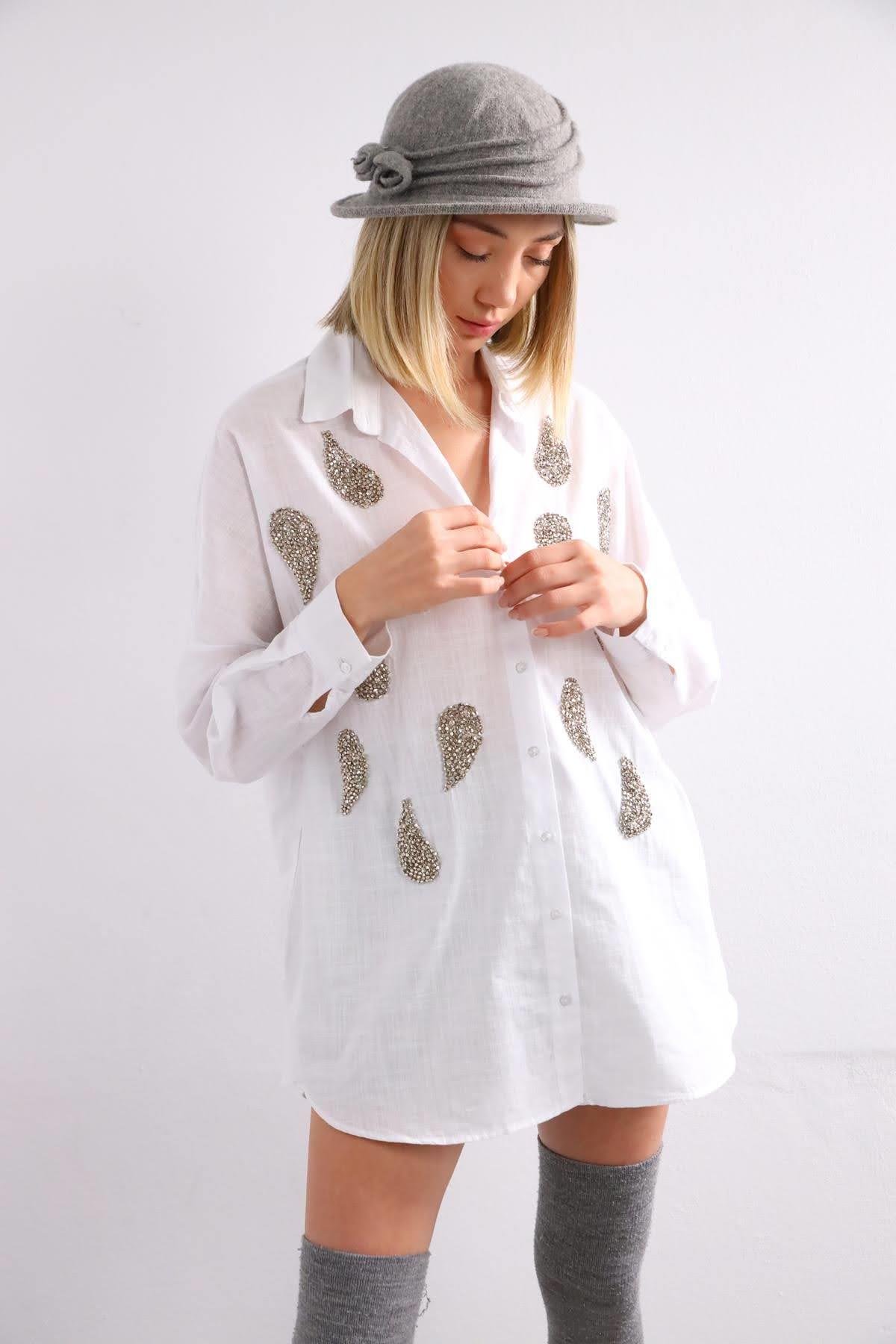 White Patterned Stone Embroidered Shirt White Patterned Stone Embroidered Shirt