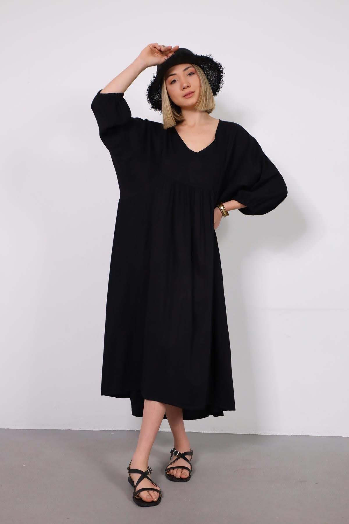 Siyah V Yaka Yarasa Kol Elbise - Şaman Butik Siyah V Yaka Yarasa Kol Elbise