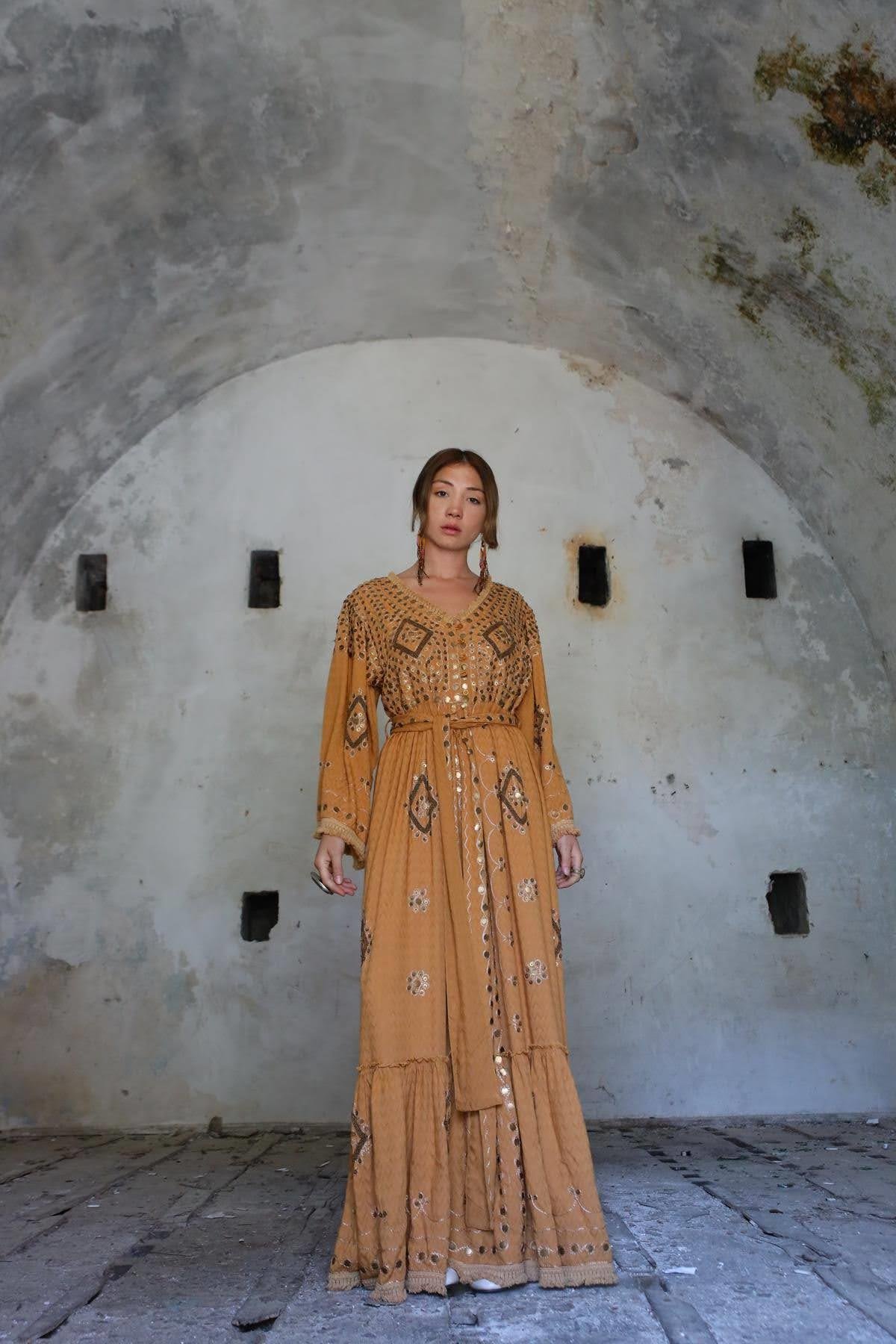 Camel Self-Patterned Embroidered Authentic Dress - Saman Butik | Shop Online Camel Self-Patterned Embroidered Authentic Dress