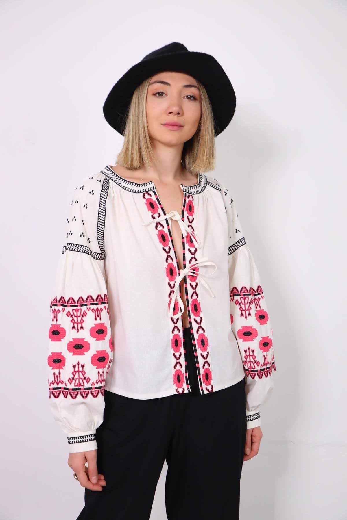 Saman Butik | Shop Online White Watermelon Sleeve Embroidered Jacket