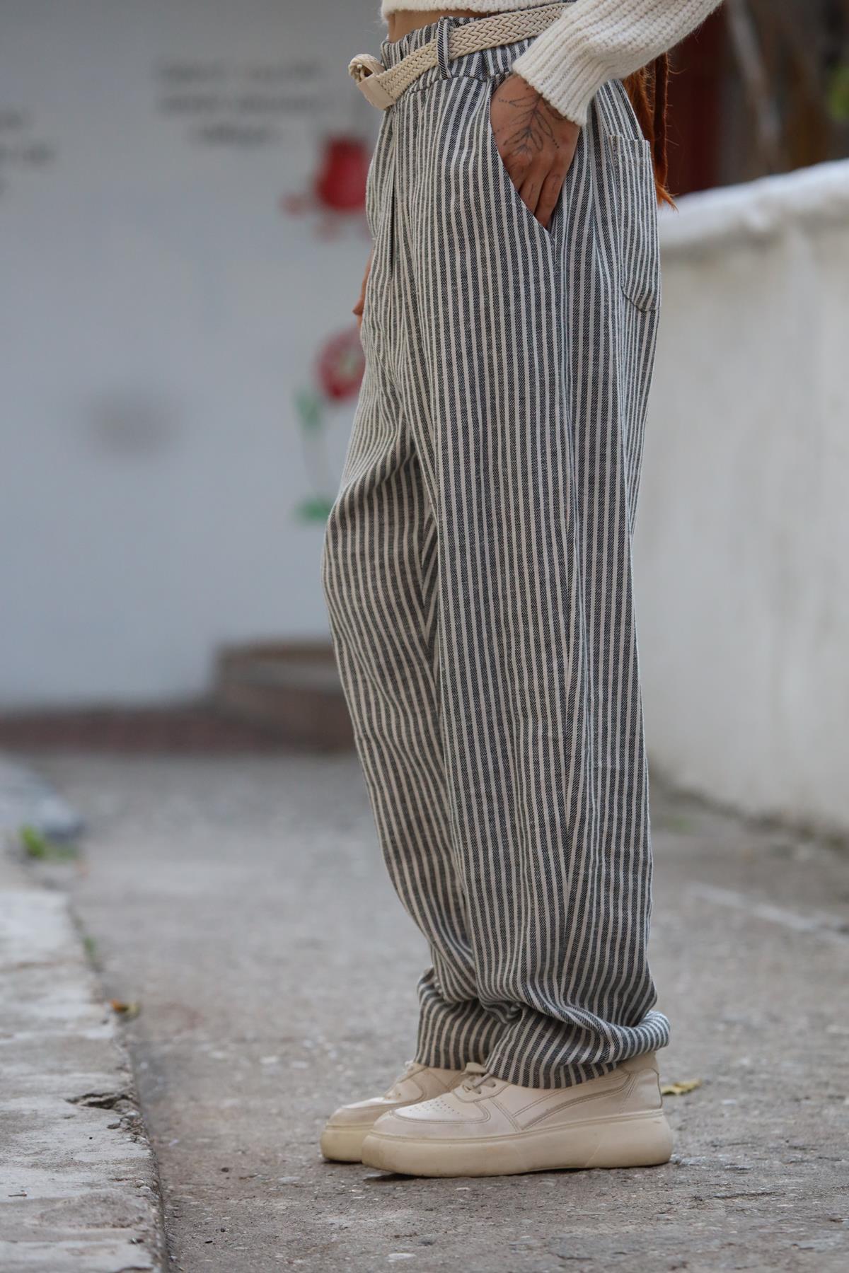 Antrasit Çizgili Keten Judith Pantolon