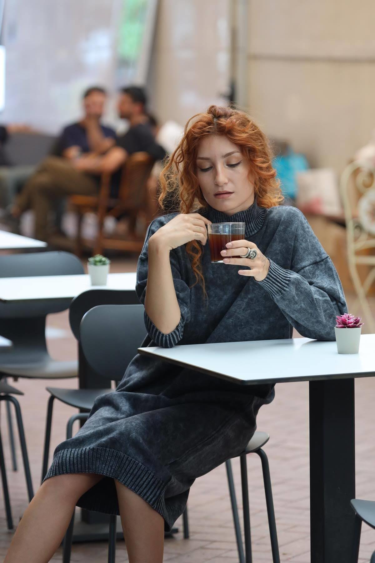 Antrasit Yarım Balıkçı Yıkamalı Oversize Triko Elbise