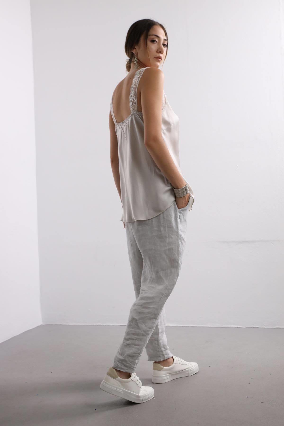Light Gray Lace Embroidered Silk Tank Top - Saman Butik | Shop Online Light Gray Lace Embroidered Silk Tank Top