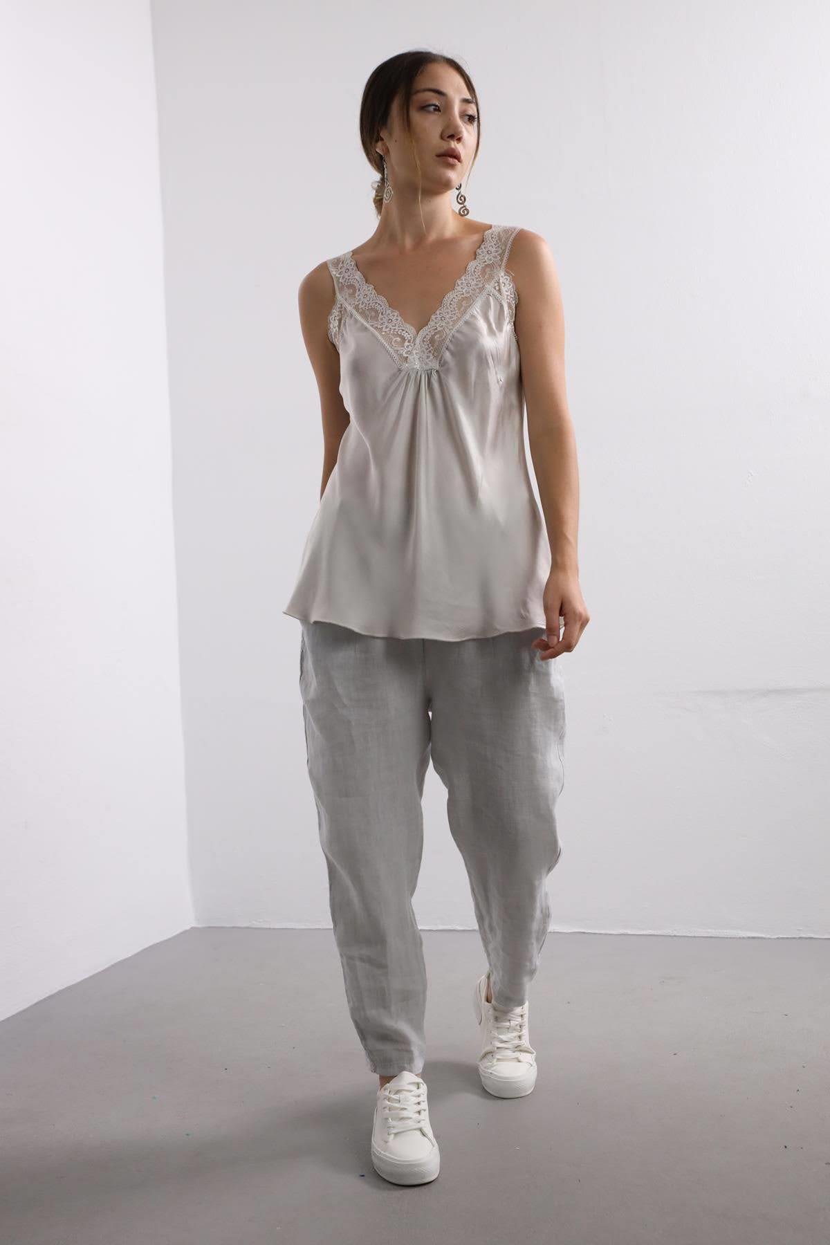 Light Gray Lace Embroidered Silk Tank Top - Saman Butik | Shop Online Light Gray Lace Embroidered Silk Tank Top