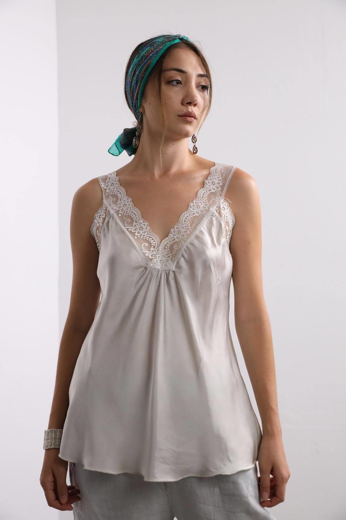 Light Gray Lace Embroidered Silk Tank Top - Saman Butik | Shop Online Light Gray Lace Embroidered Silk Tank Top