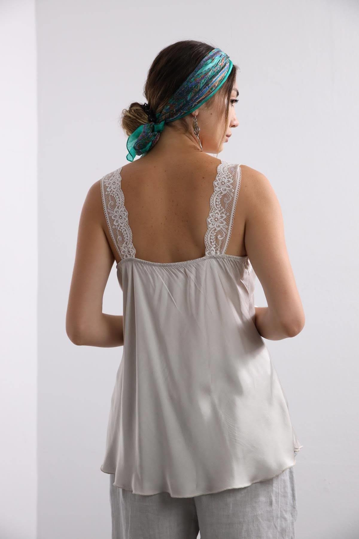 Light Gray Lace Embroidered Silk Tank Top - Saman Butik | Shop Online Light Gray Lace Embroidered Silk Tank Top