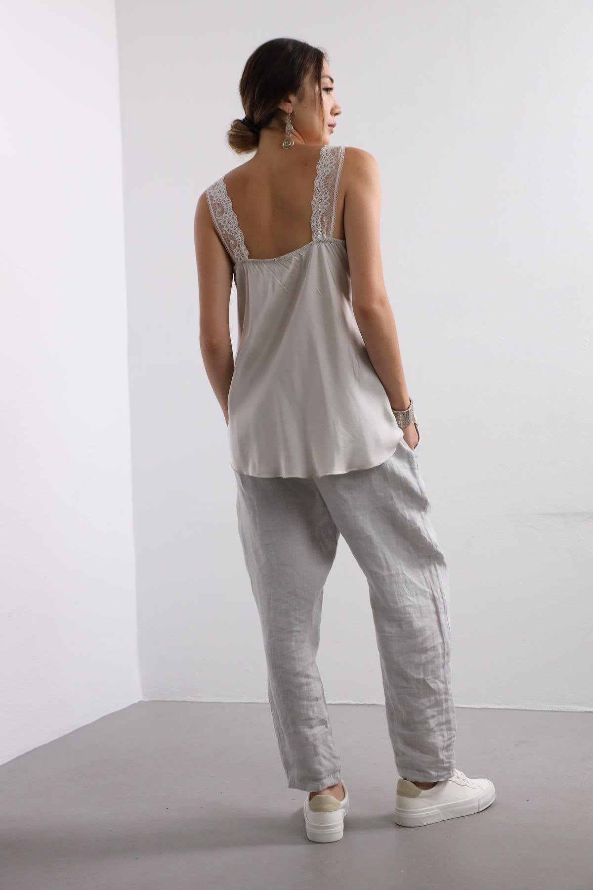 Light Gray Lace Embroidered Silk Tank Top - Saman Butik | Shop Online Light Gray Lace Embroidered Silk Tank Top