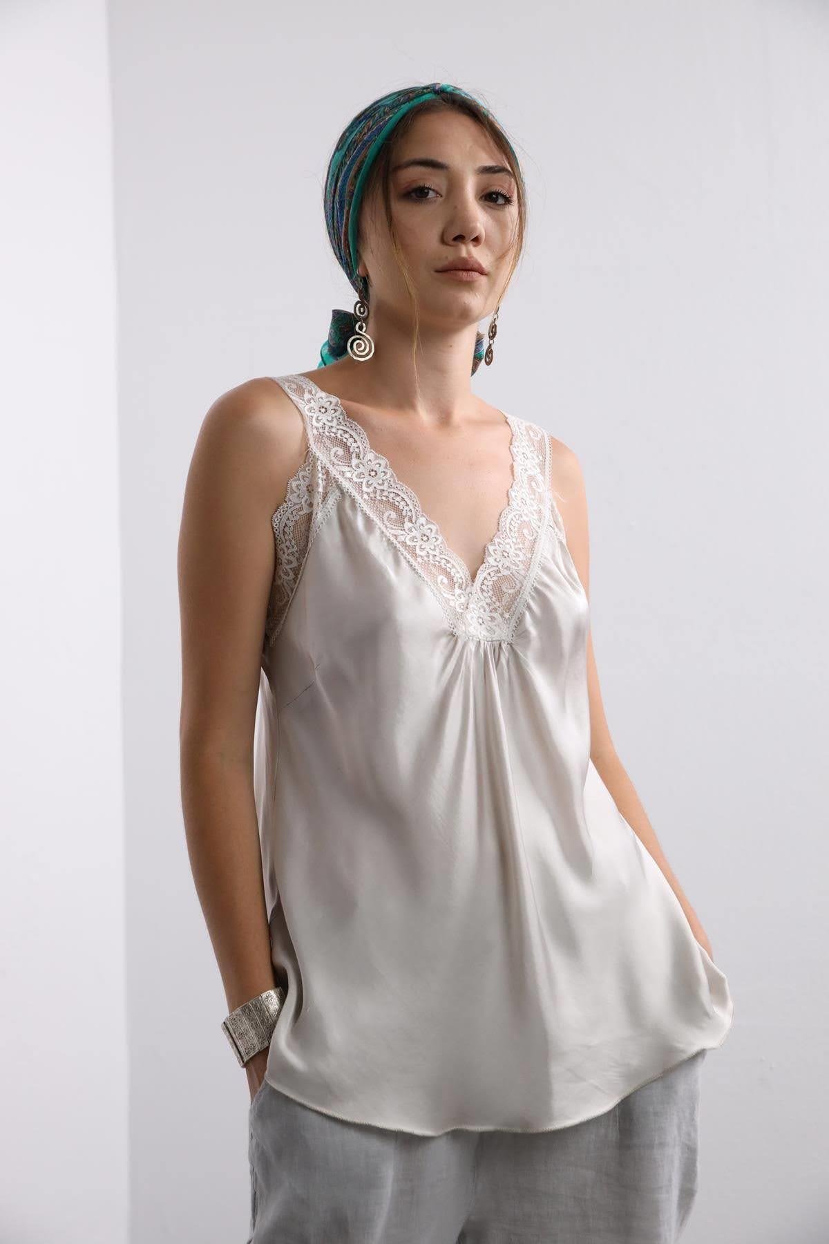 Light Gray Lace Embroidered Silk Tank Top - Saman Butik | Shop Online Light Gray Lace Embroidered Silk Tank Top