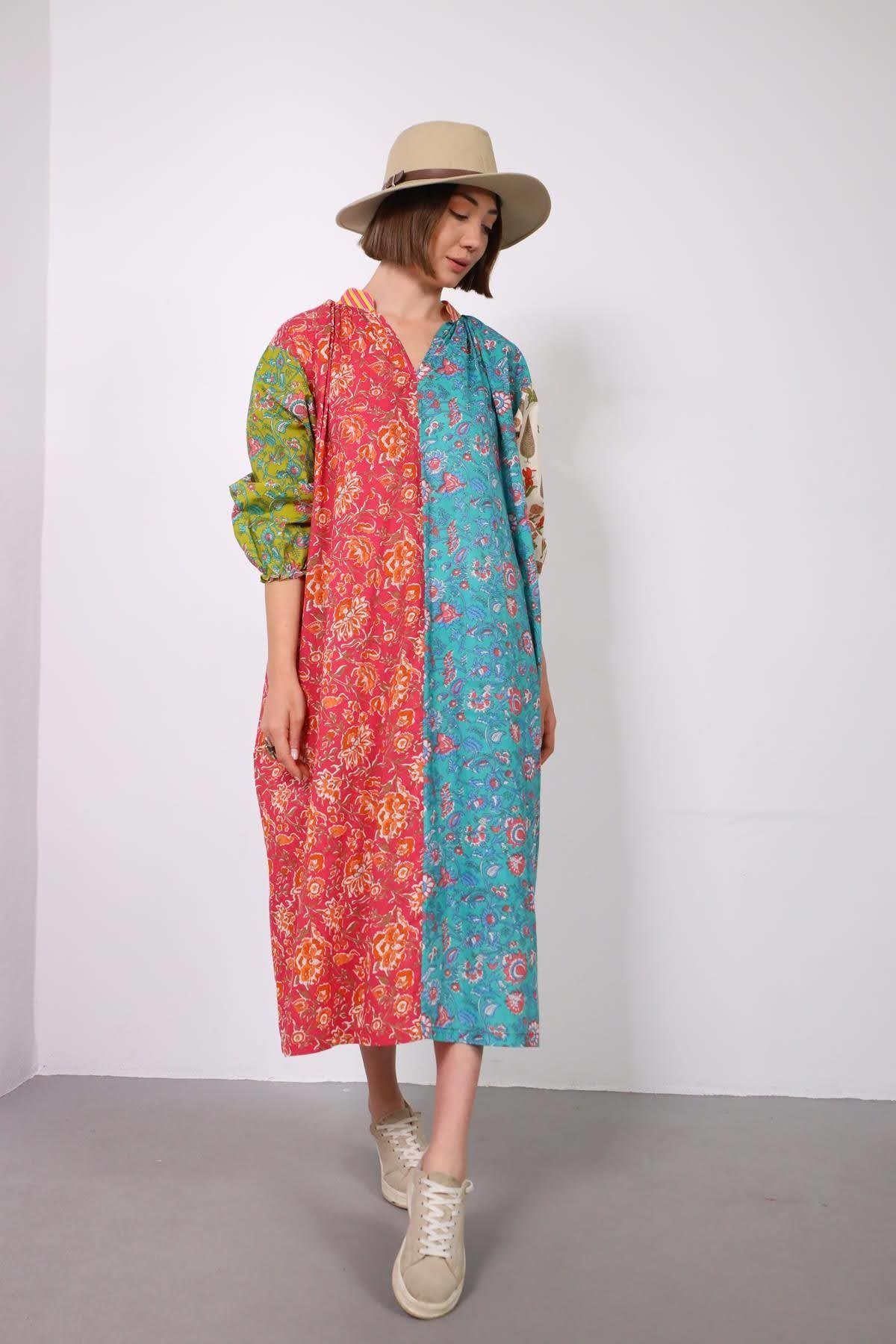 Renkli Hakim Yaka Otantik Patchwork Elbise - Şaman Butik Renkli Hakim Yaka Otantik Patchwork Elbise