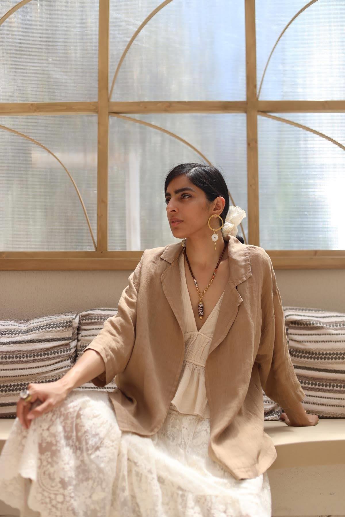 Light Brown Loose Cut Short Linen Kimono Jacket